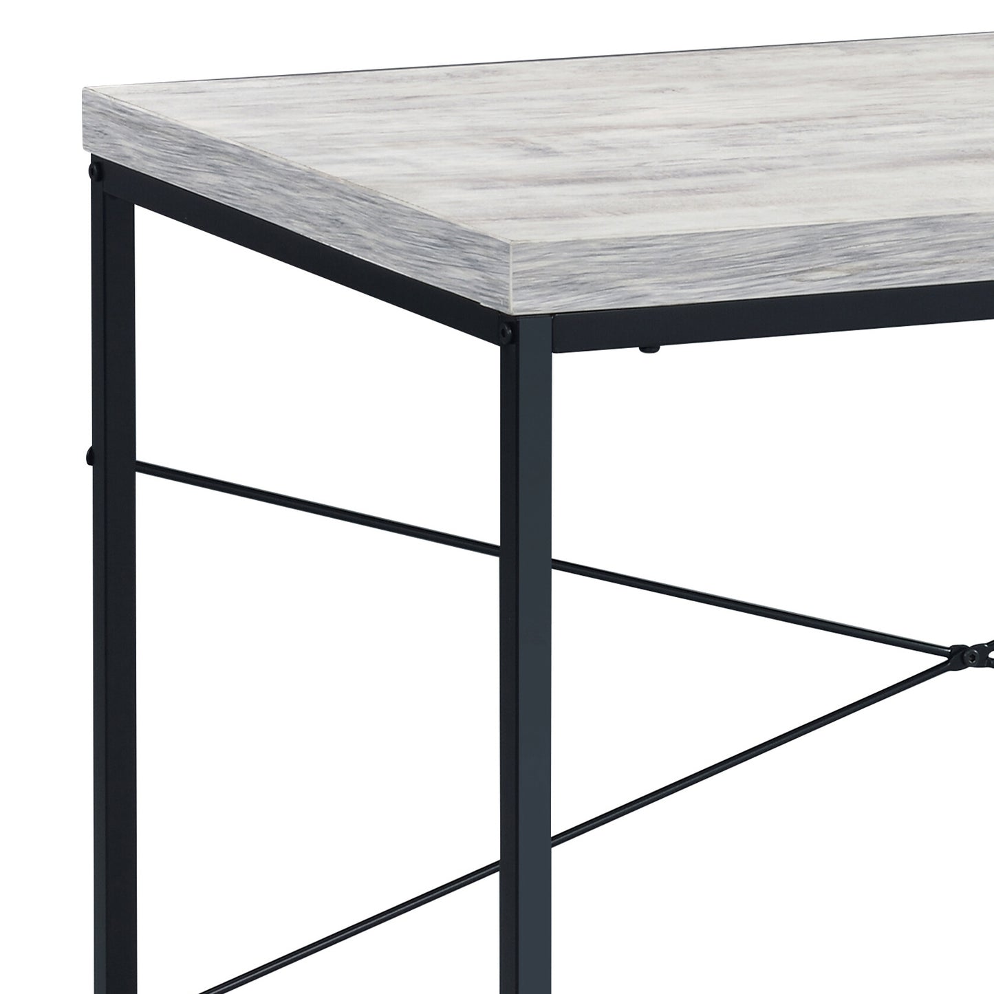 Rustic wood grain tabletop with black metal frame perfect for a modern industrial desk