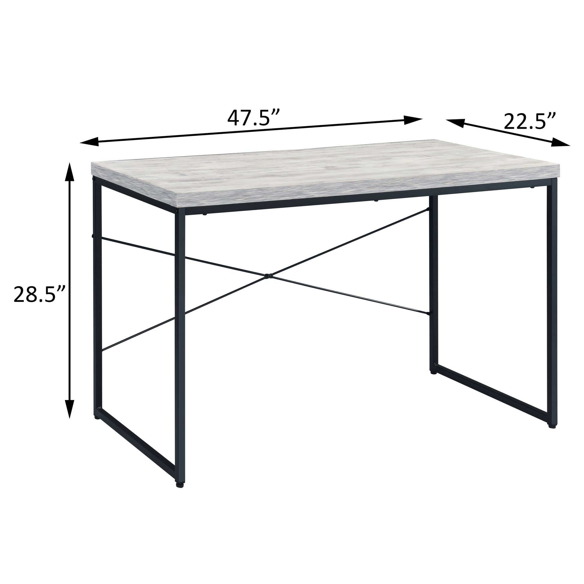 Grey wash wood grain top computer desk with black metal frame and cross brace support  W