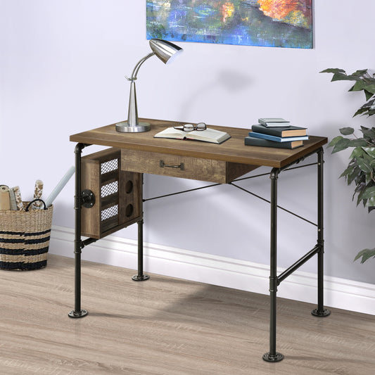 Rustic wooden desk with industrial black metal frame and mesh cabinet door