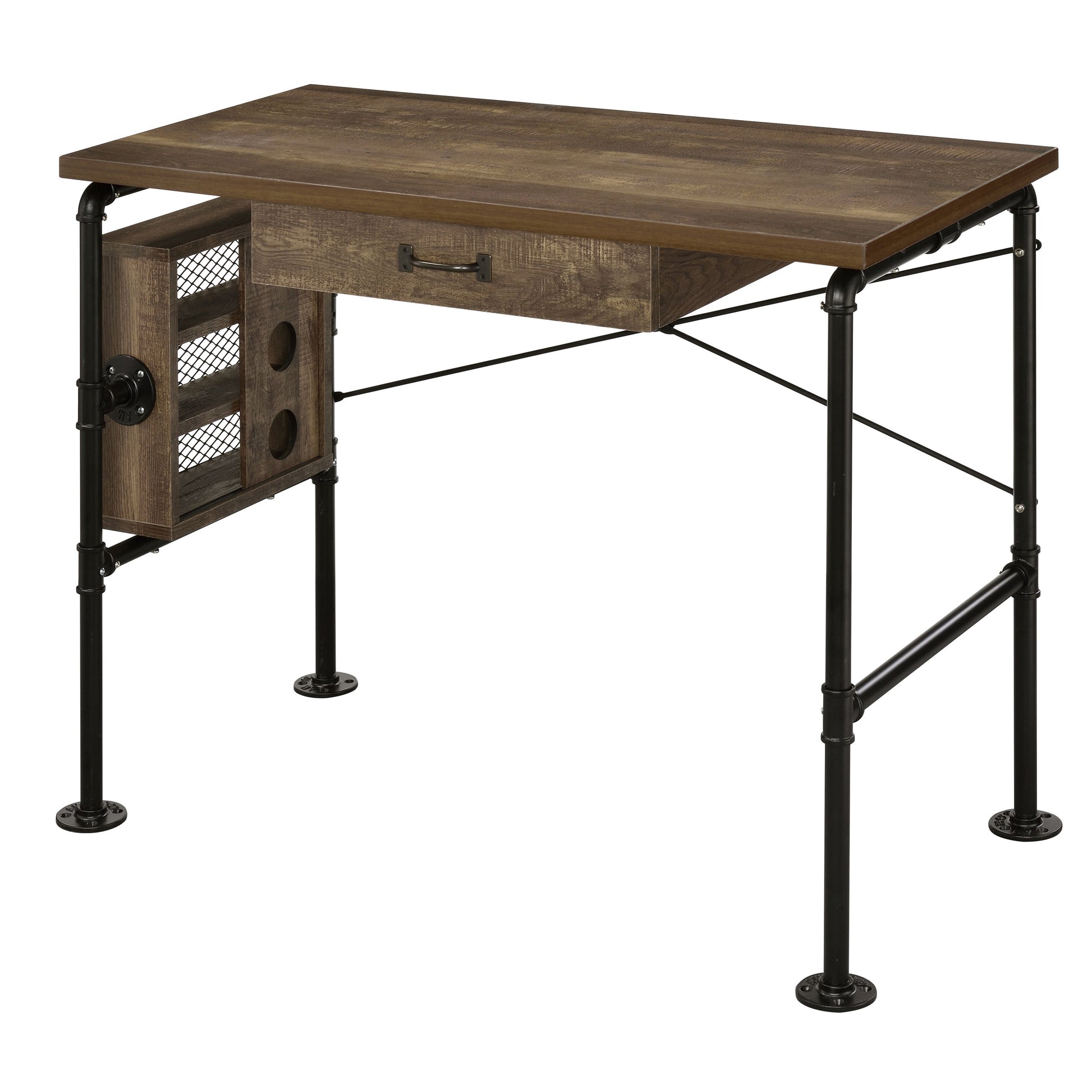 Industrial style desk with rustic wood top black metal pipe legs and builtin storage shelf