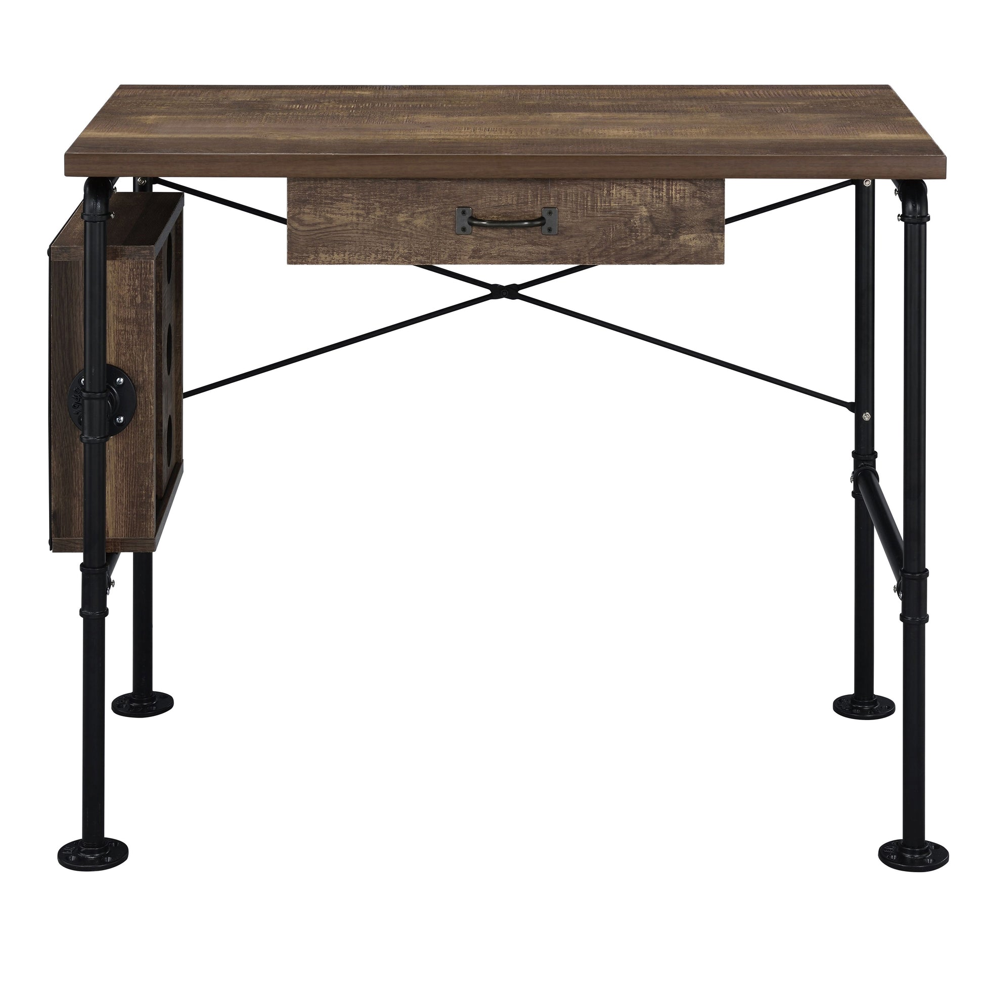 Rustic wood grain desk with metal pipe legs and a single drawer for home office organization