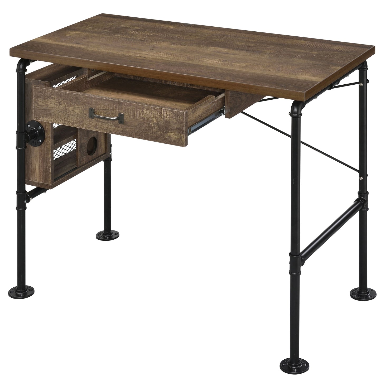 Rustic wood desk with a pullout drawer and industrial pipe legs