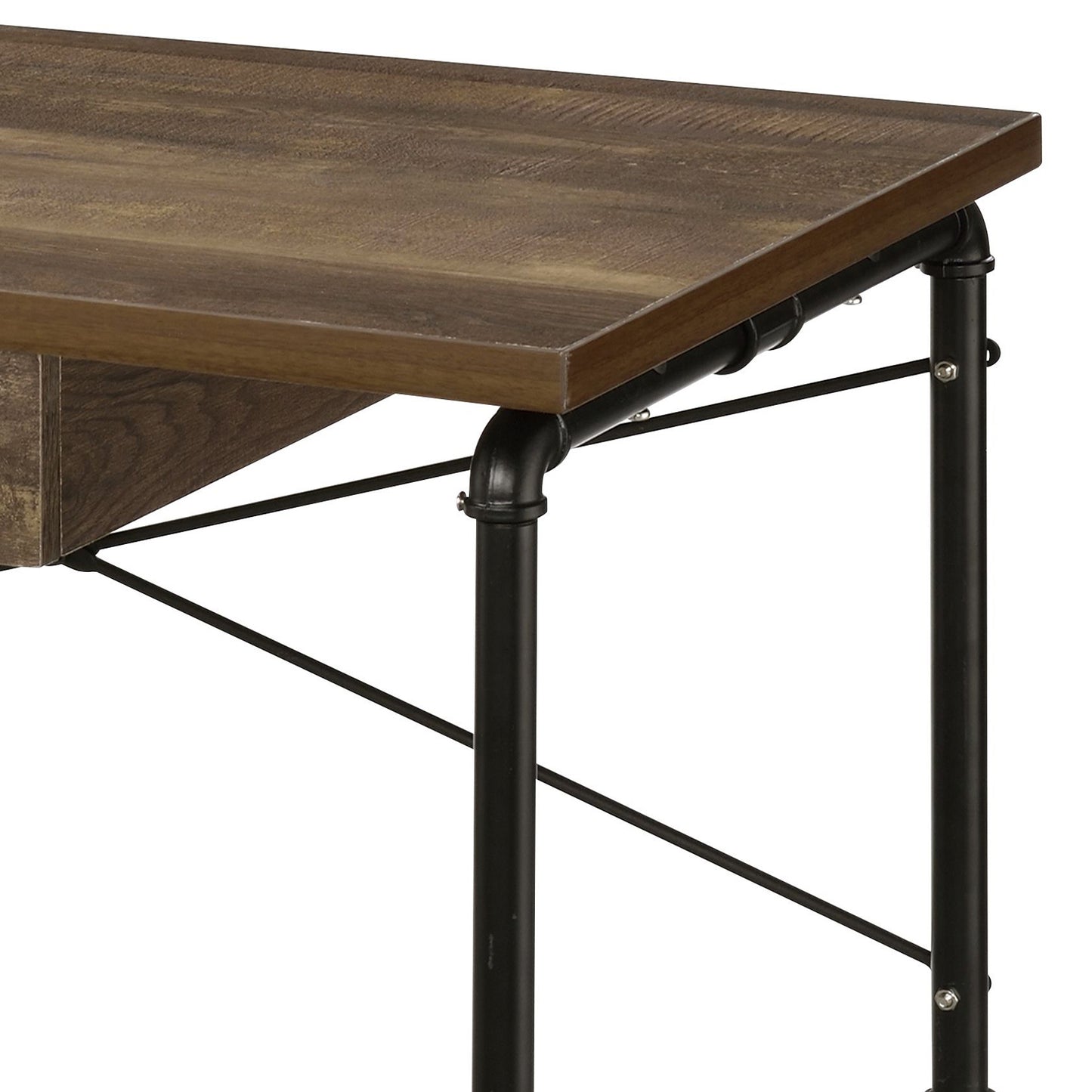 Rustic wood desk with black pipe legs and drawer detail