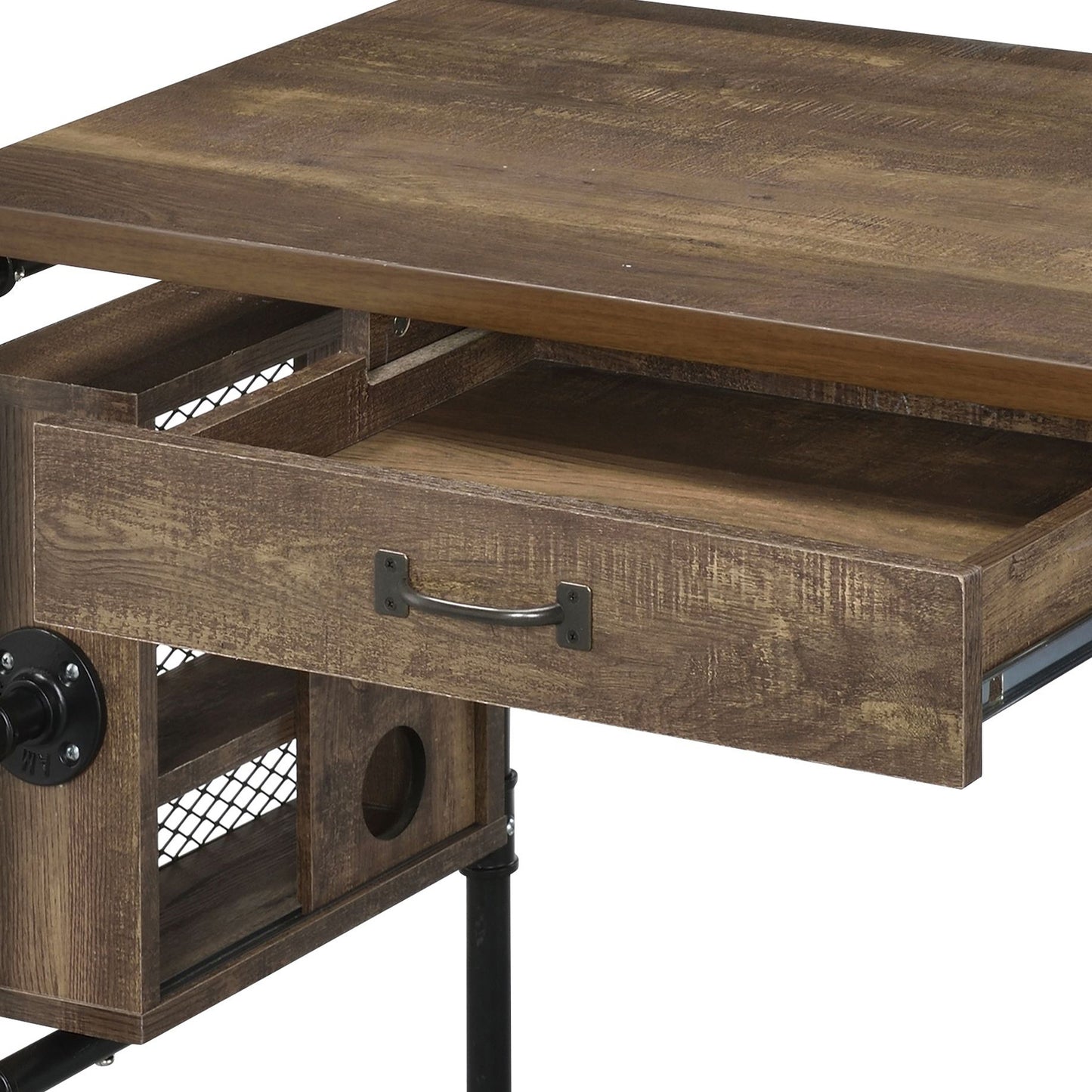 Rustic wood grain writing desk with open drawer and metal pipe leg accents