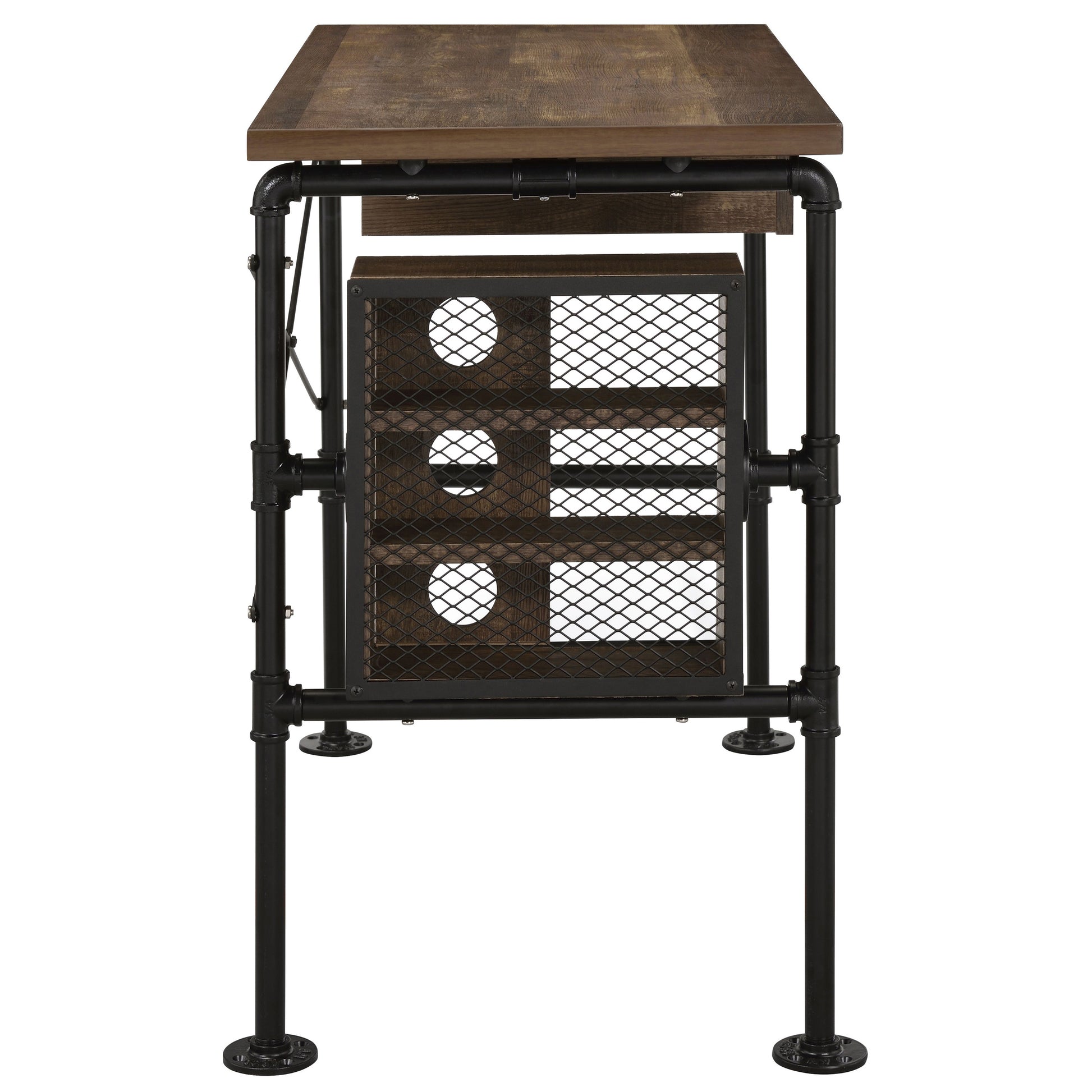 Rustic wood top industrial desk with black pipe frame and wire mesh shelves