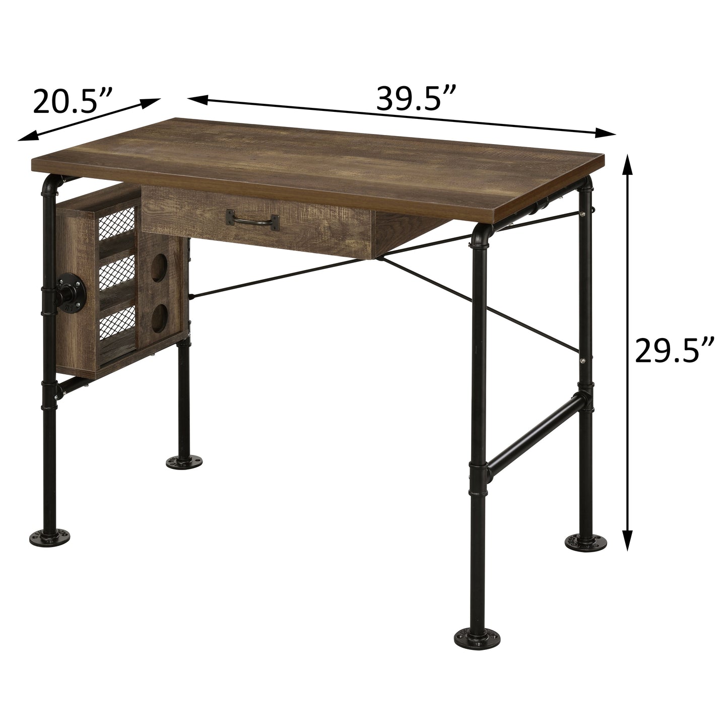 Rustic brown wood desk with a drawer and attached storage unit industrial pipe legs