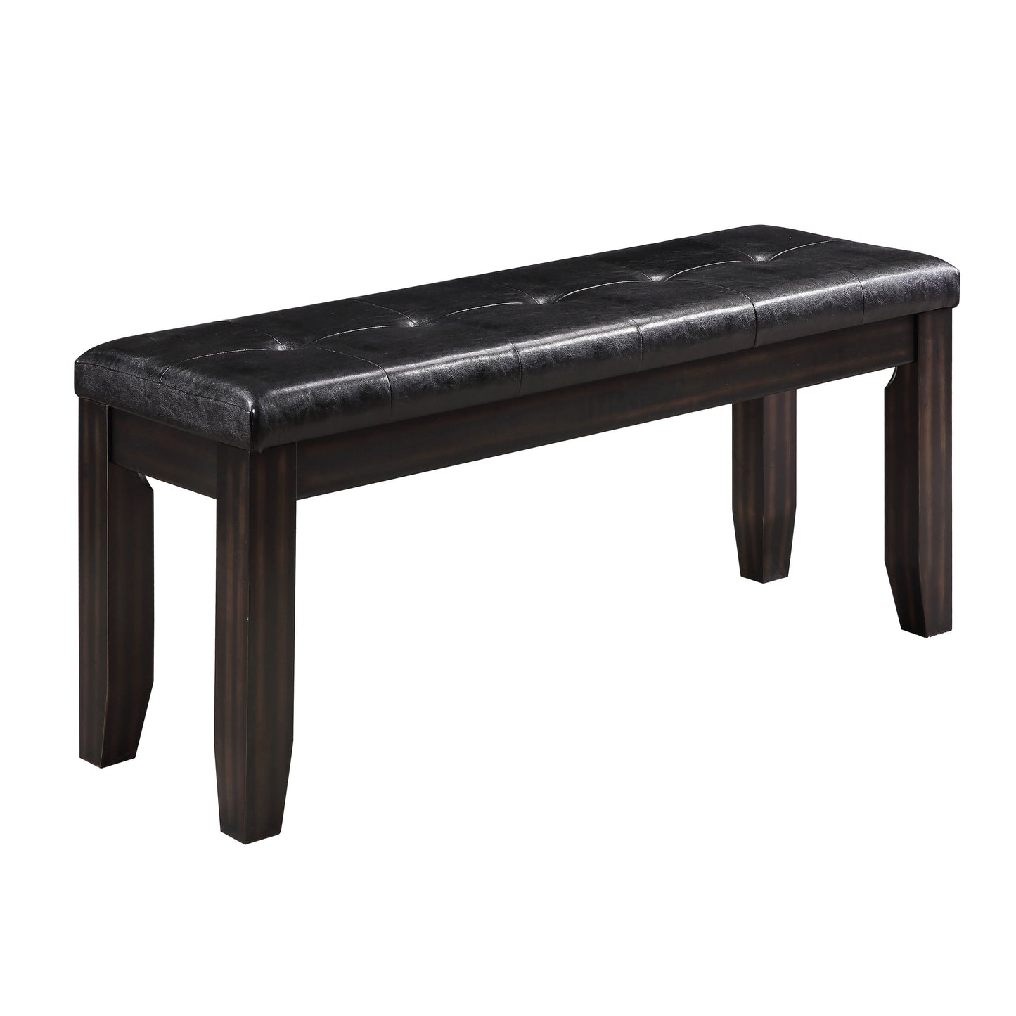 Tufted black faux leather bench with dark wood legs for entryway