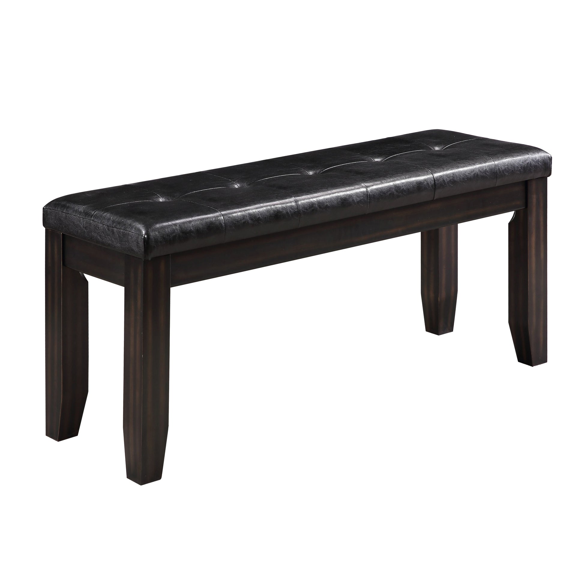 Tufted black faux leather bench with dark wood legs for entryway