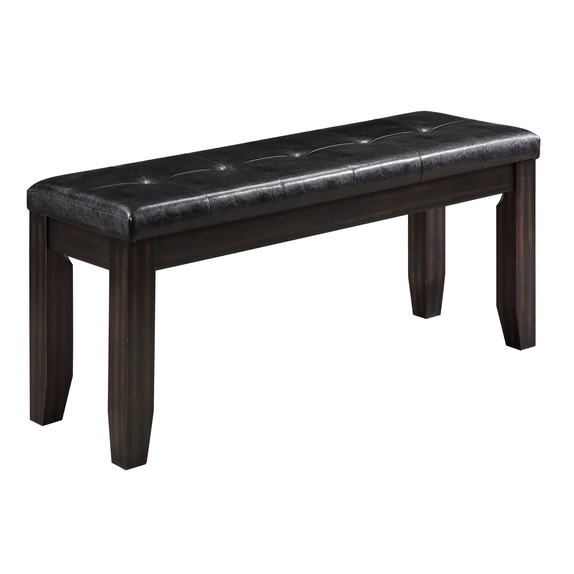 Dark espresso tufted faux leather bench with sturdy wooden legs perfect for entryways or dining