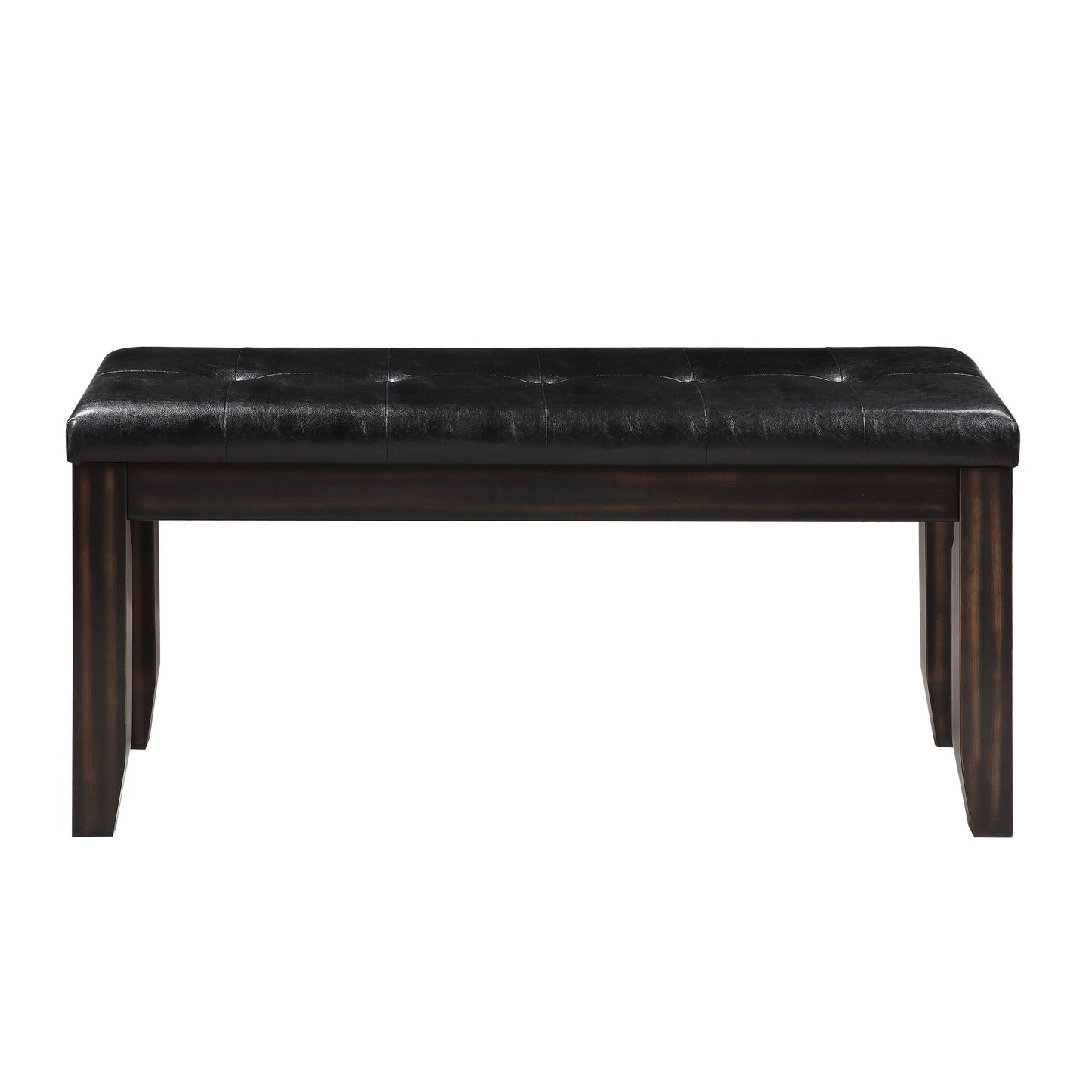 Black tufted faux leather bench with dark wood legs suitable for entryway or dining