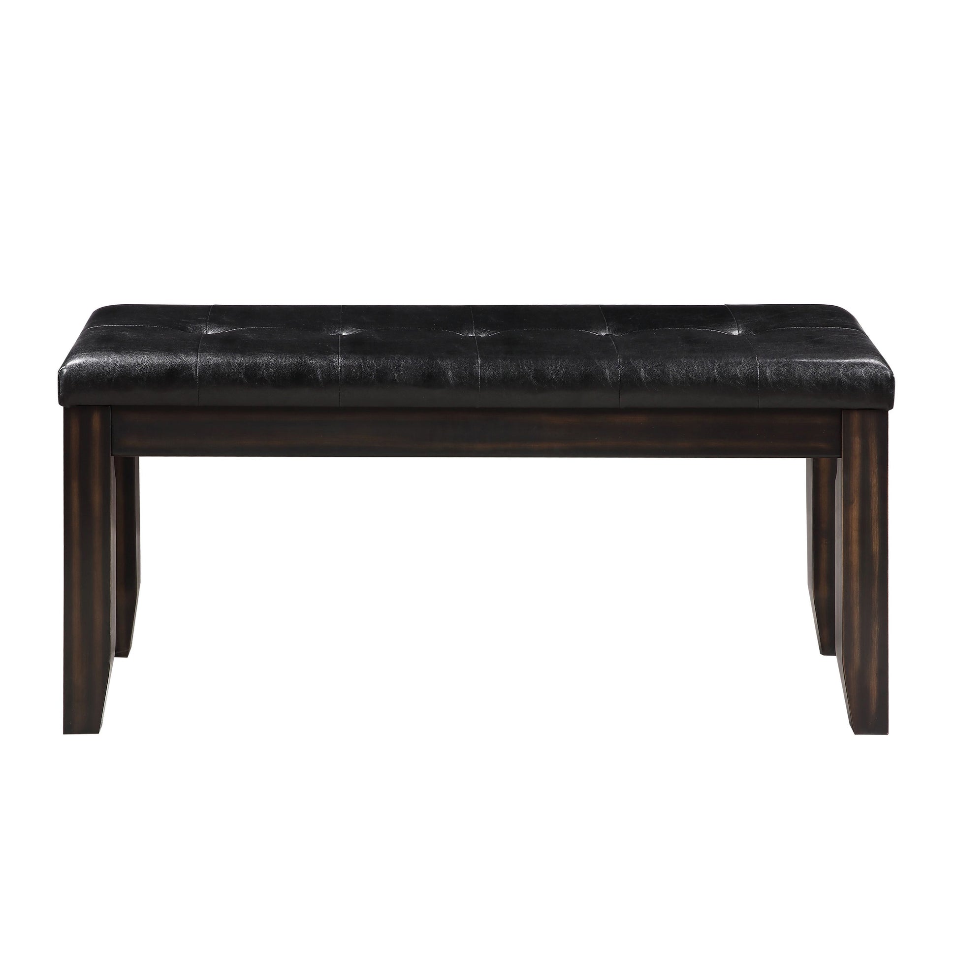 Black tufted faux leather bench with dark wood legs suitable for entryway or dining