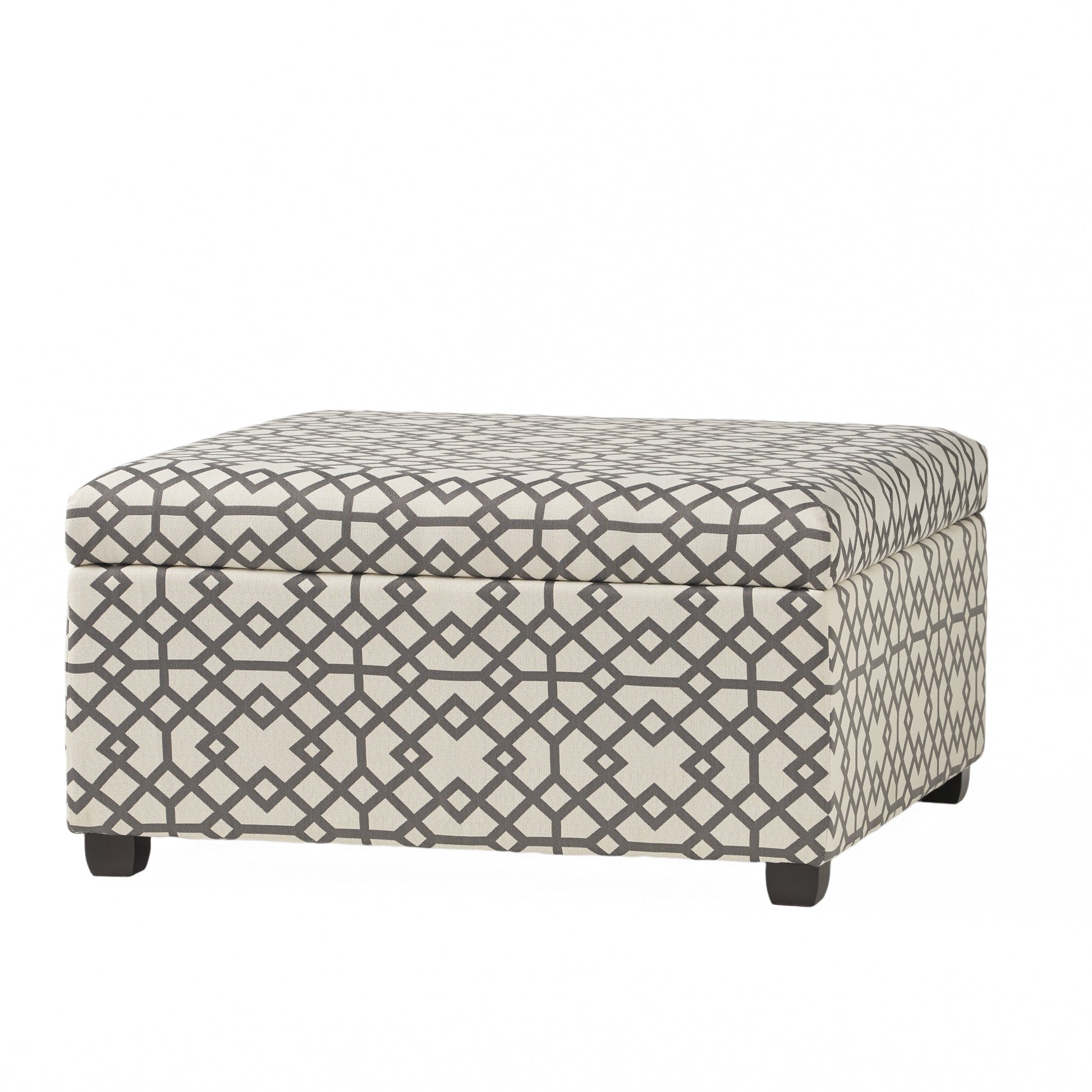 Storage ottoman with beige and gray geometric pattern fabric