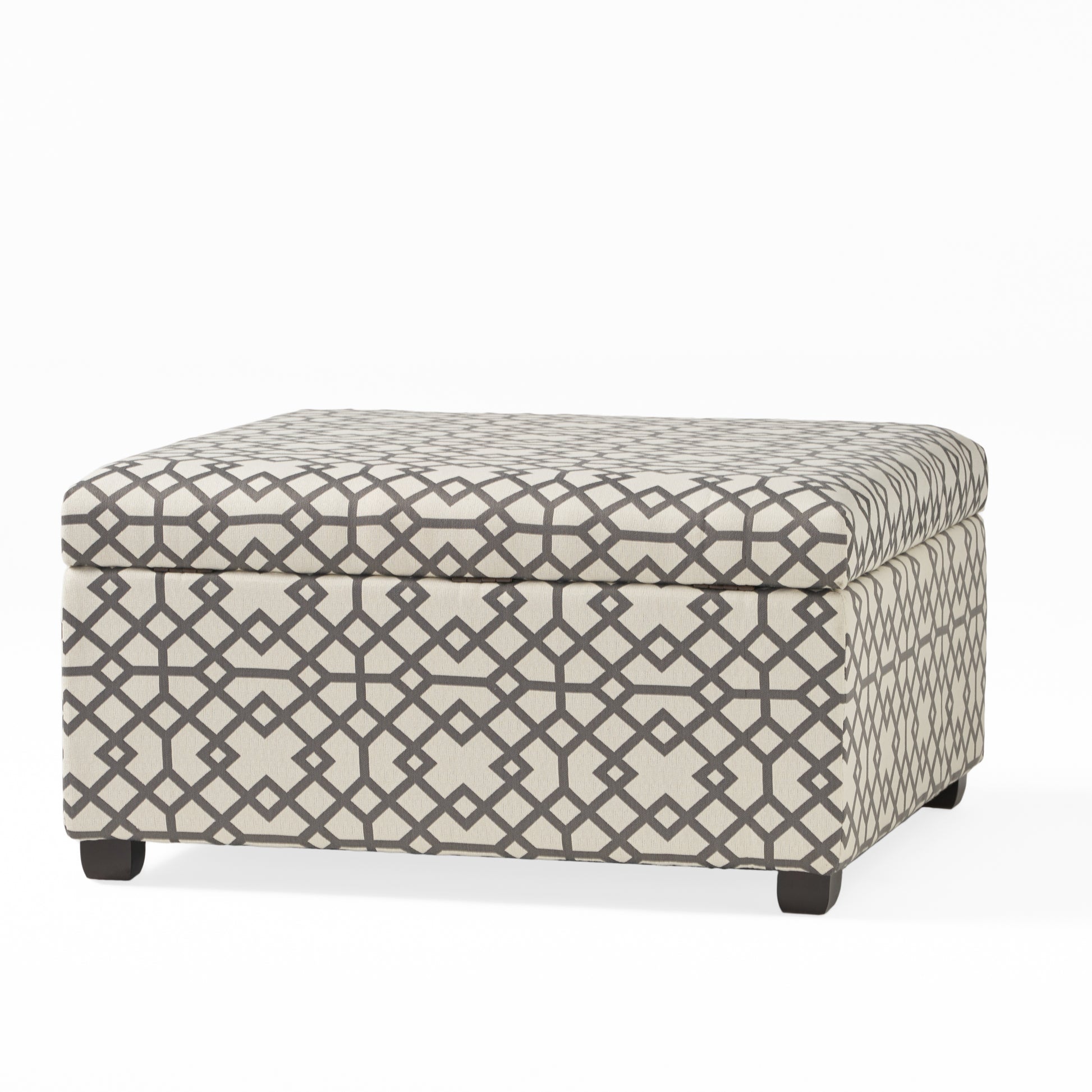 Storage ottoman with geometric grey and beige pattern