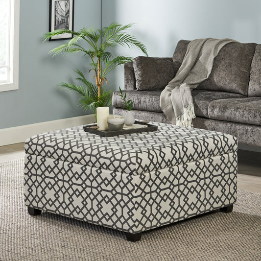 Square storage ottoman with modern geometric grey and white pattern