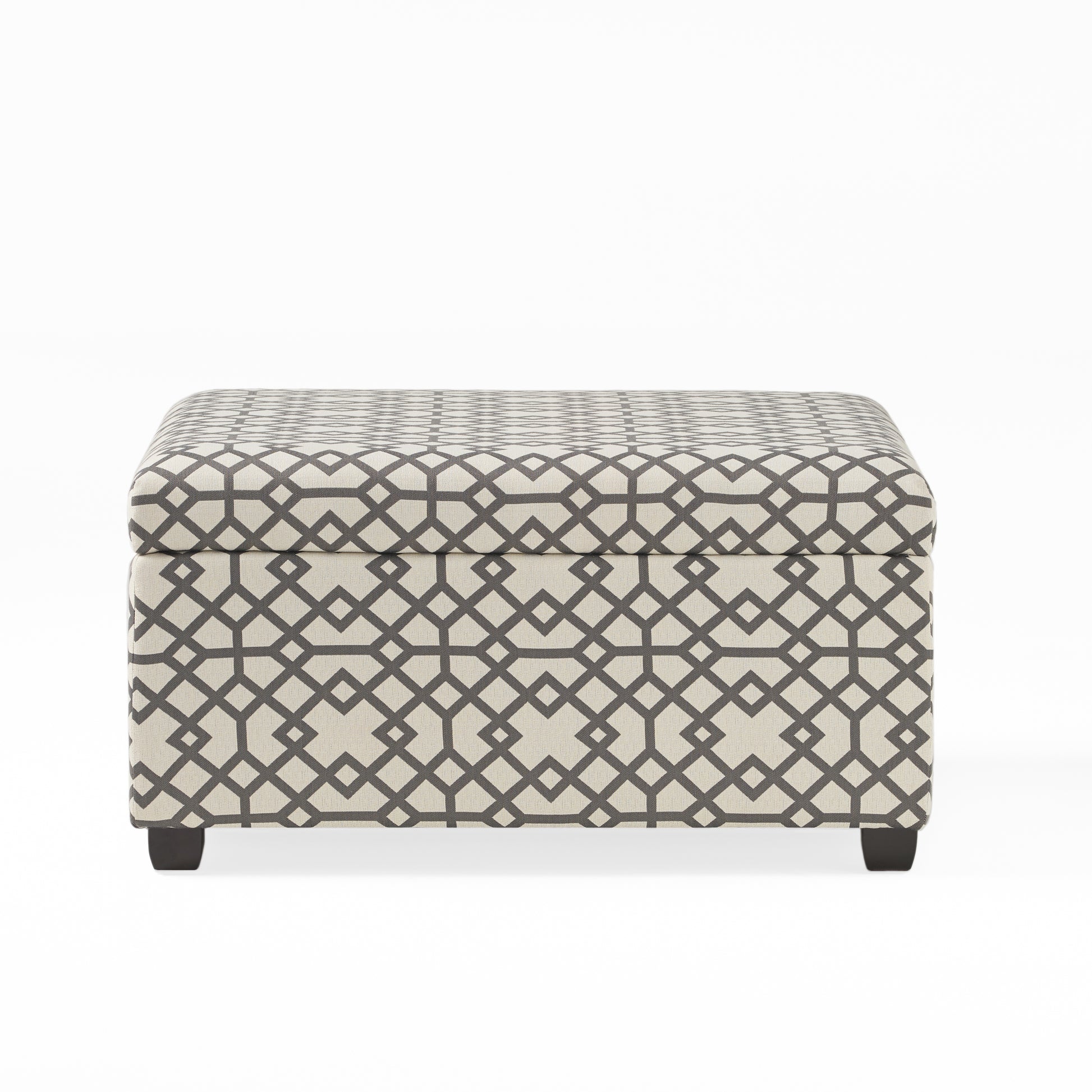 Storage ottoman with beige fabric and geometric grey pattern