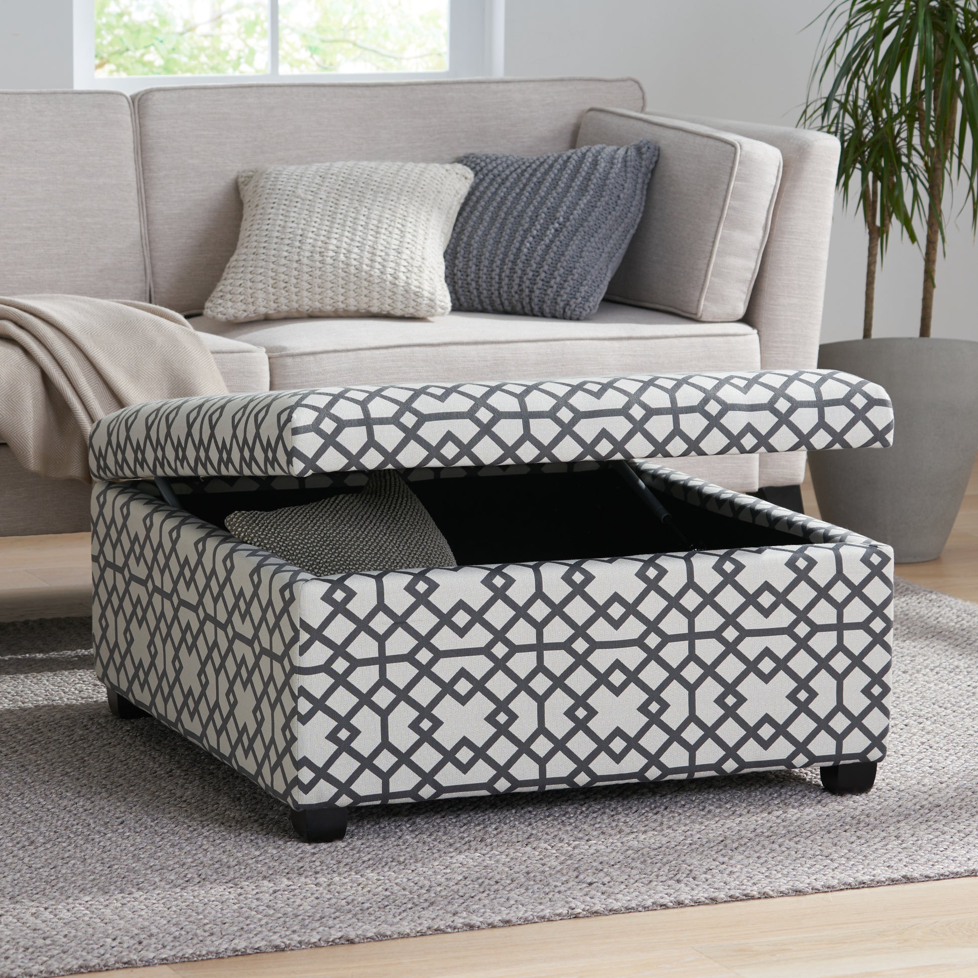 Geometric print storage ottoman with lifttop