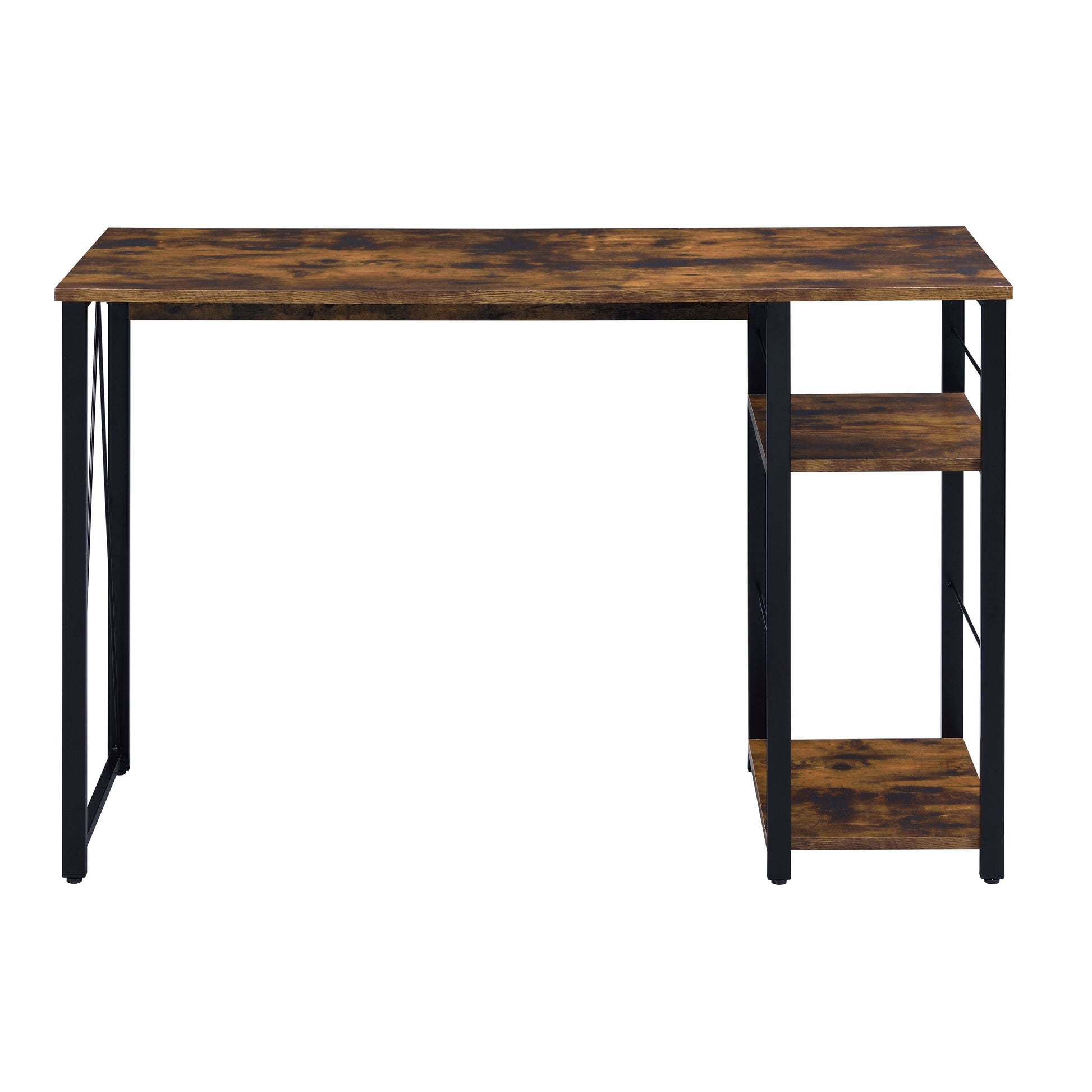 Rustic brown wooden desk with black metal frame and two side shelves for office use
