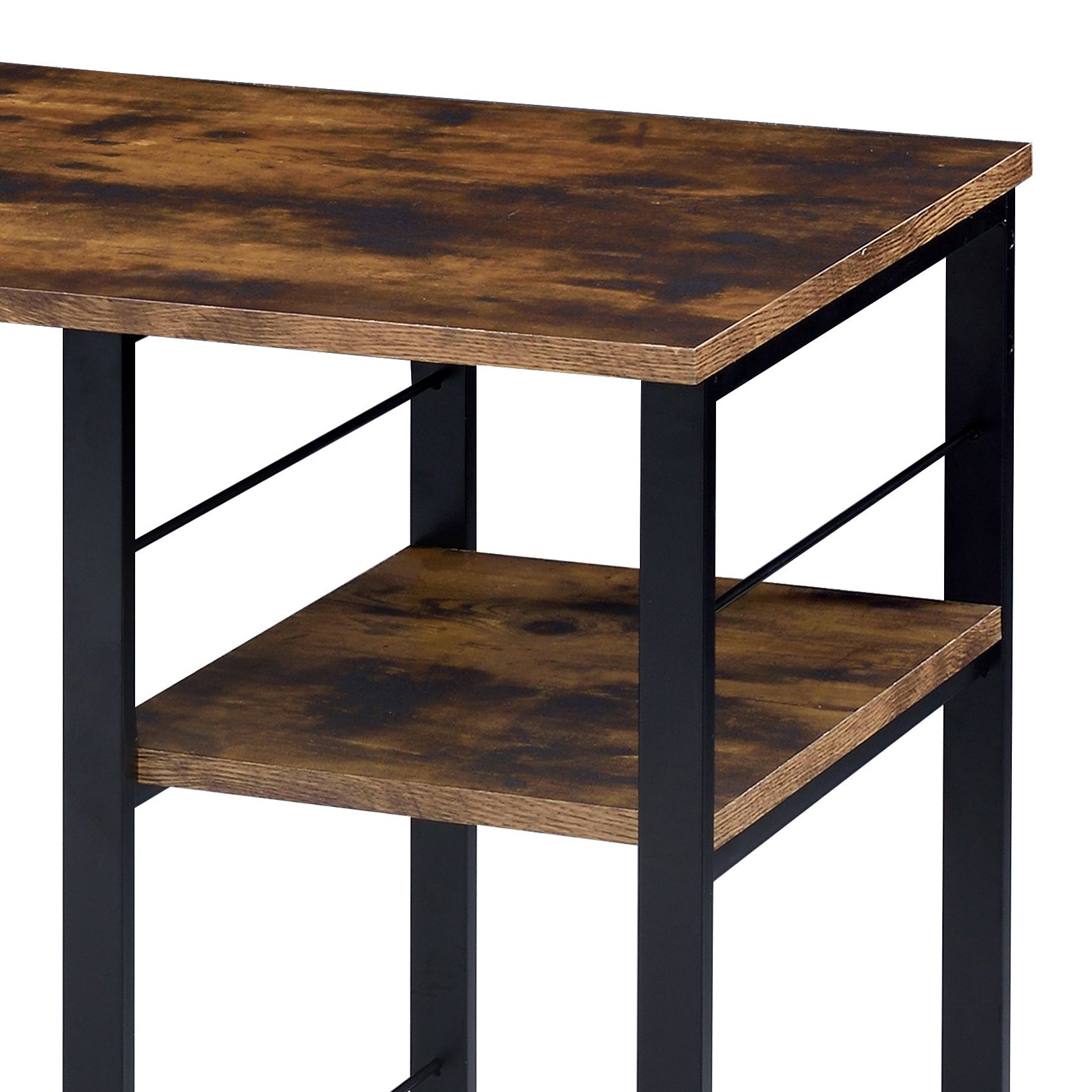Rustic brown wood grain table with black metal frame and shelf