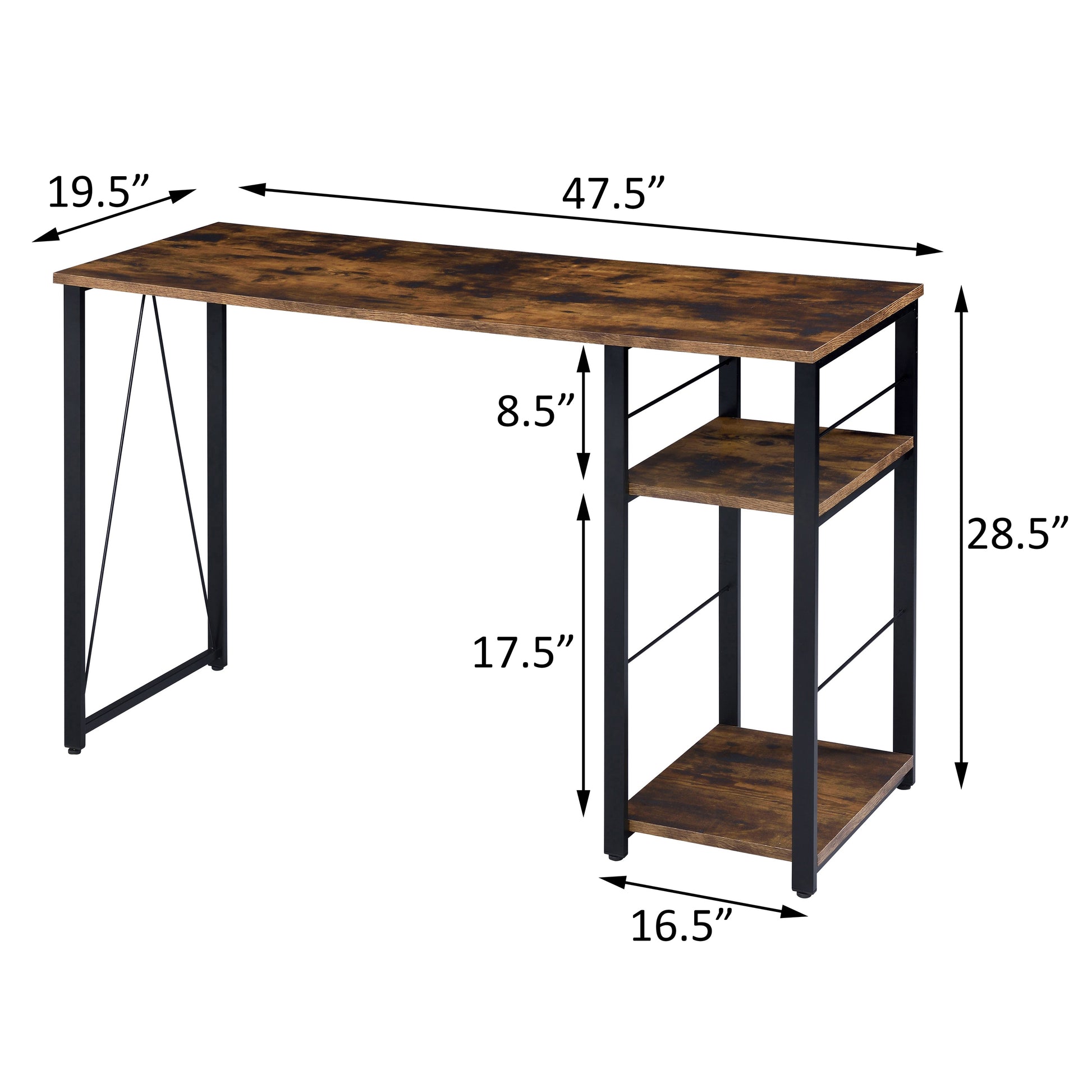 Rustic brown wooden computer desk with black metal legs and three open shelves  W