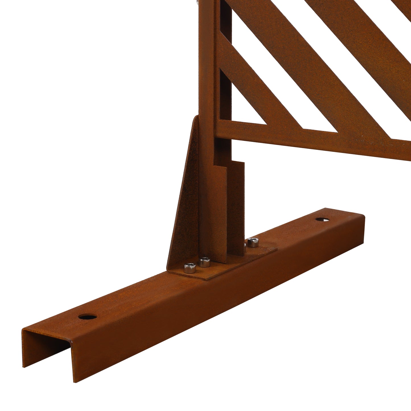 Rusted metal garden fence panel with angled support and base plate