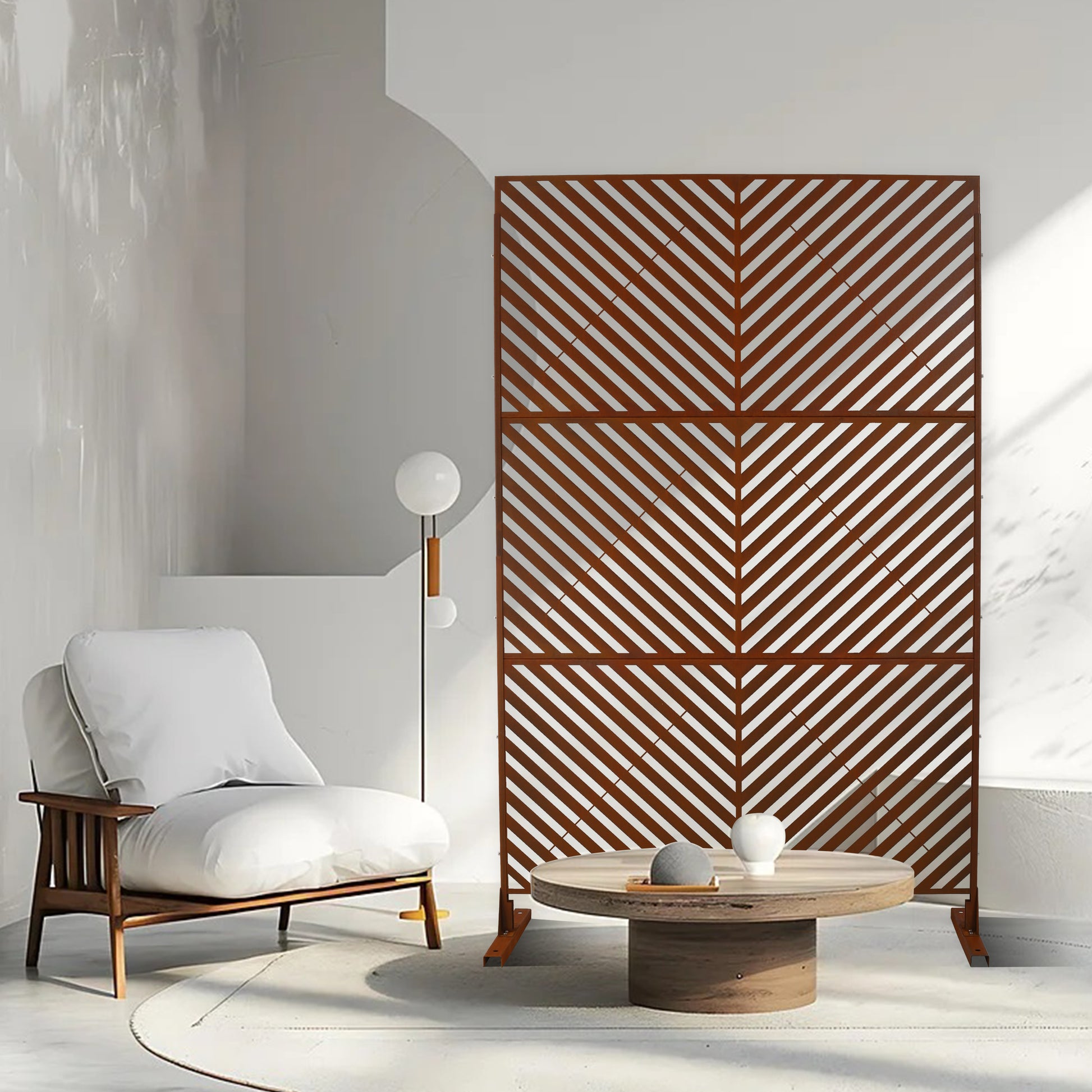 Rustic brown metal room divider with diagonal slat pattern  tall