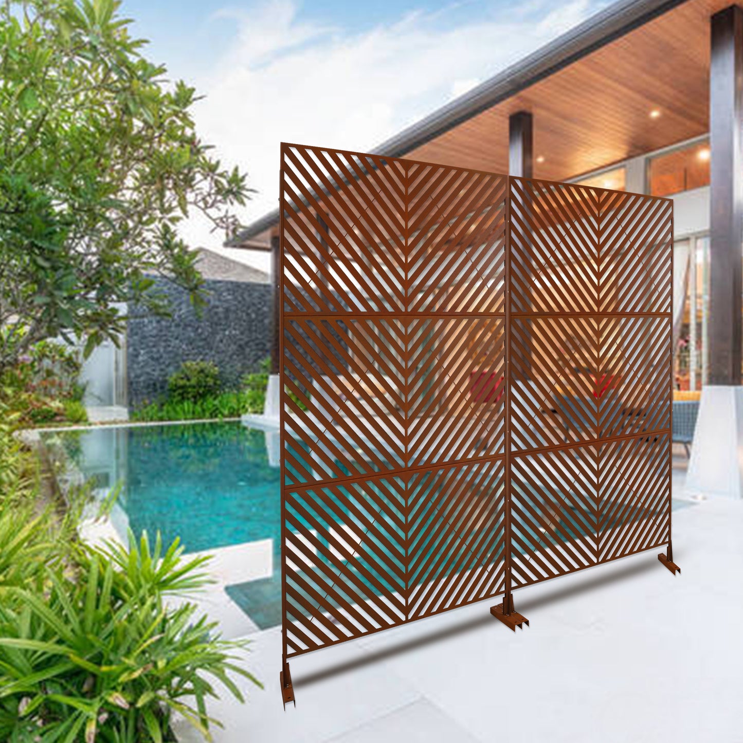 Rustic metal garden screen with diagonal geometric pattern perfect for outdoor privacy