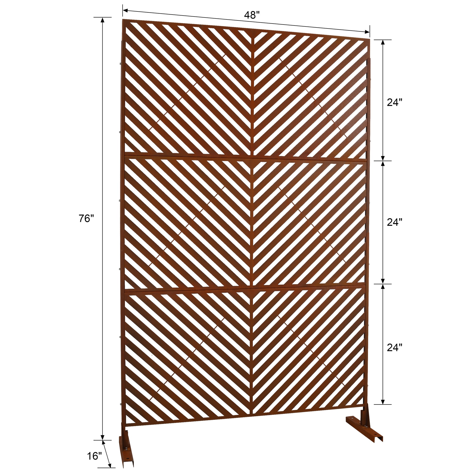 Rusty brown metal outdoor privacy screen with chevron pattern and dimensions