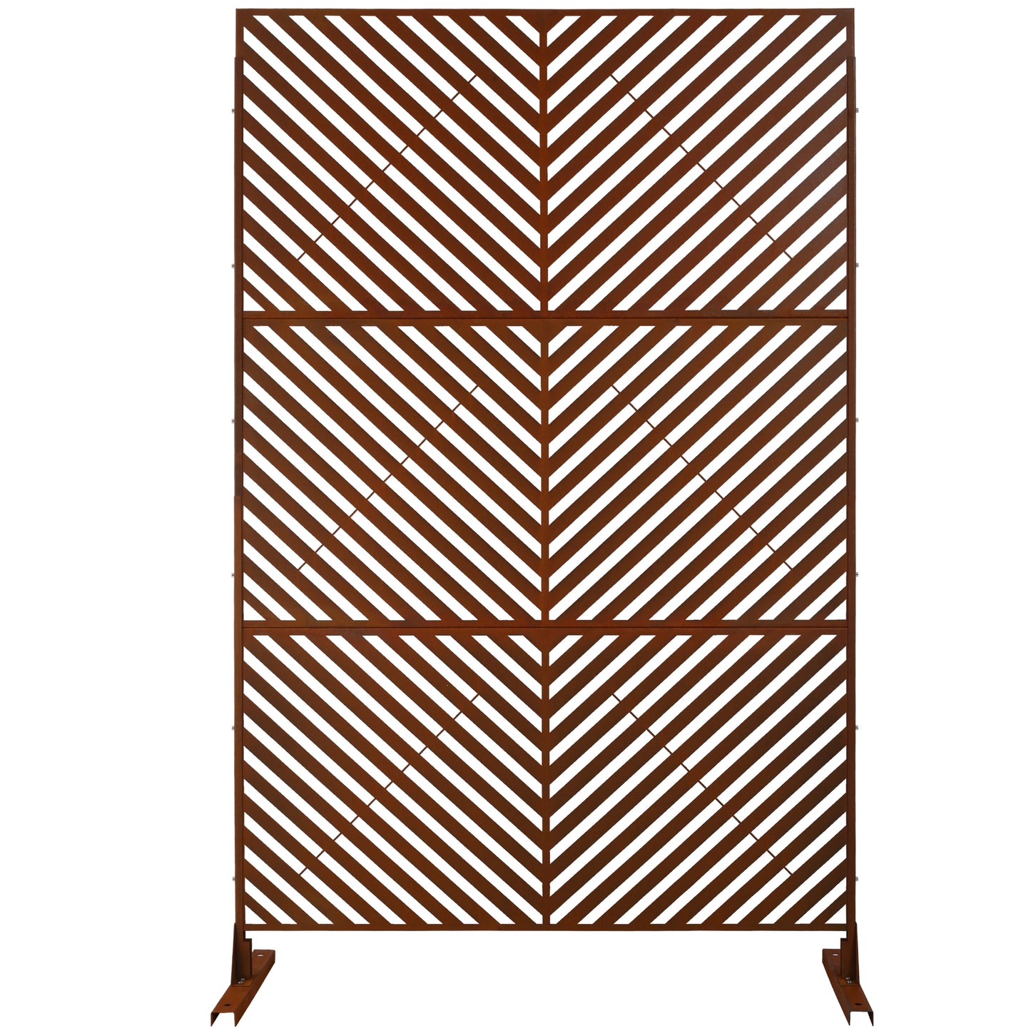 Rusty metal outdoor privacy screen with chevron pattern