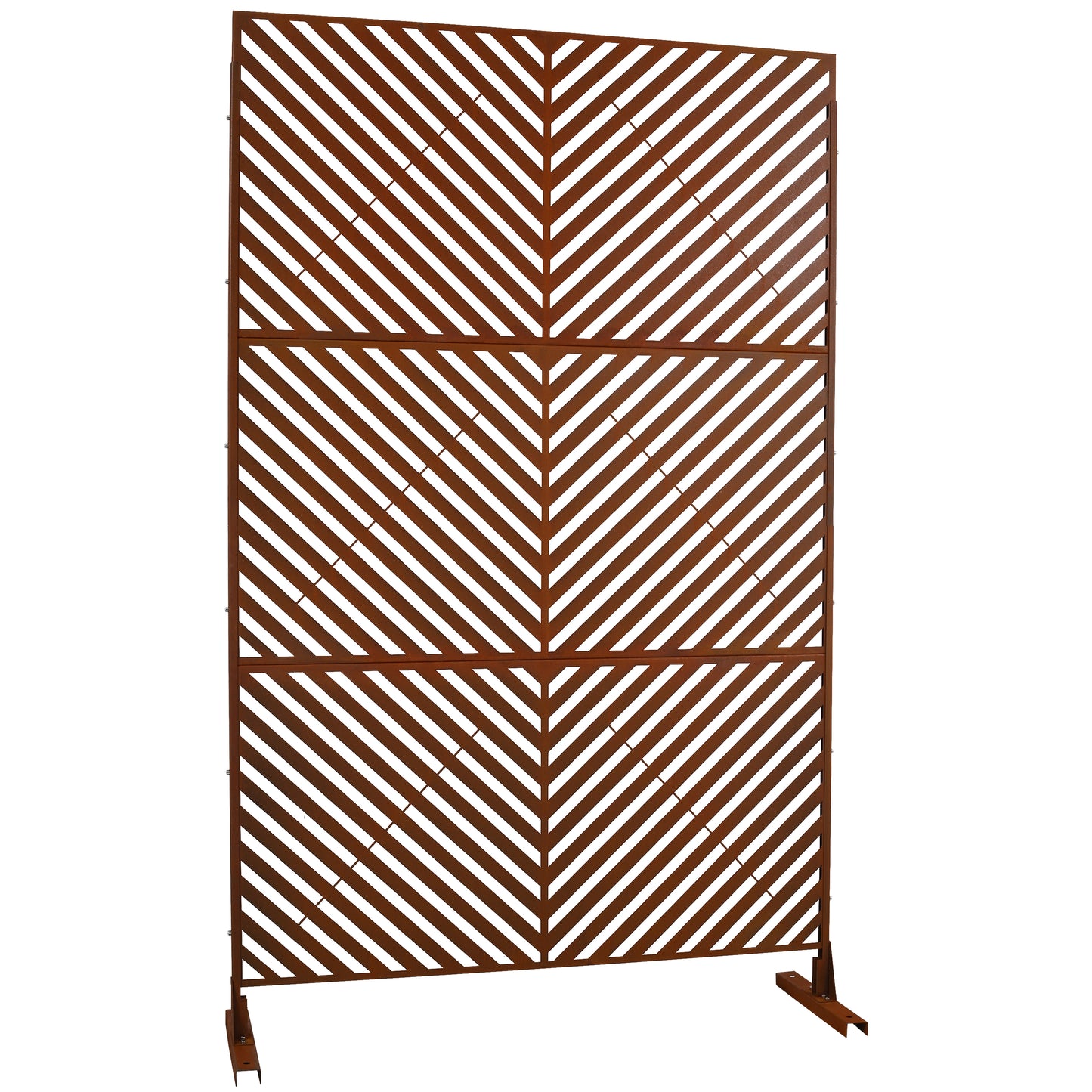 Decorative metal garden screen with chevron pattern in rustic brown finish