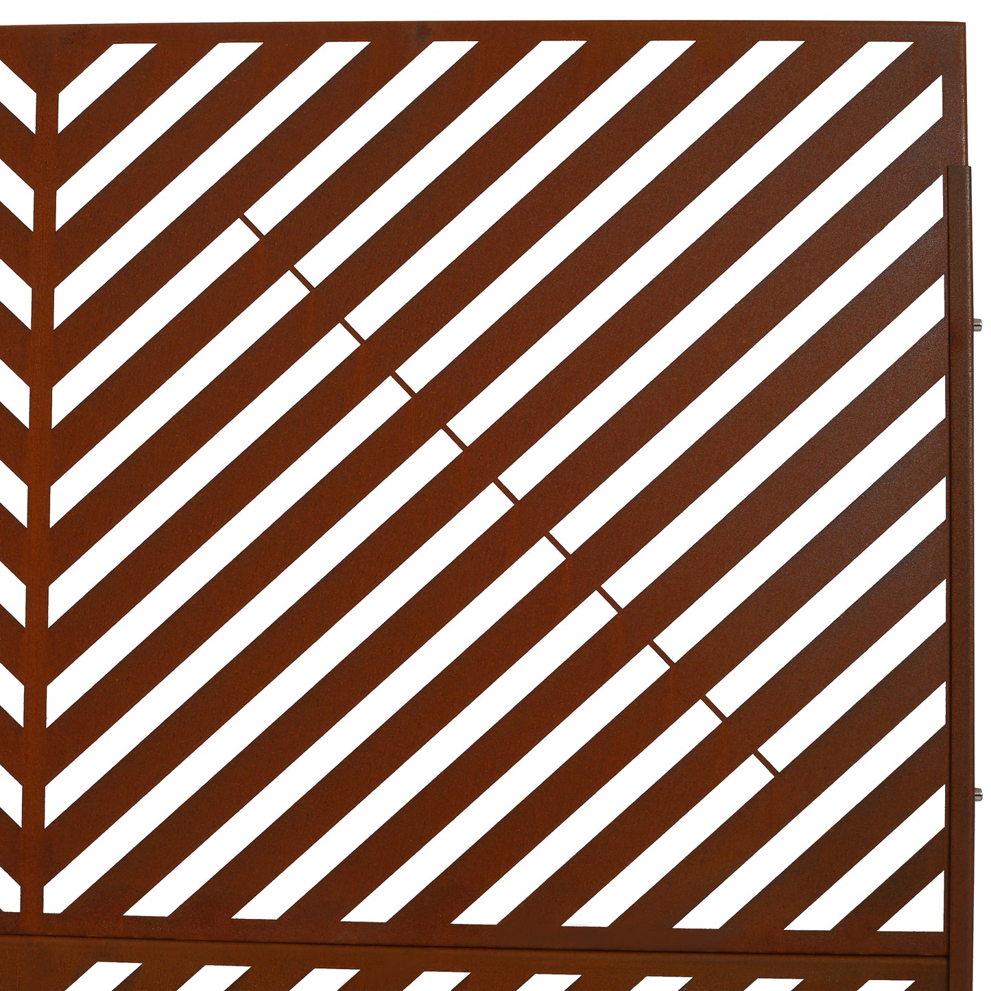Rusty metal garden screen with diagonal white stripes pattern