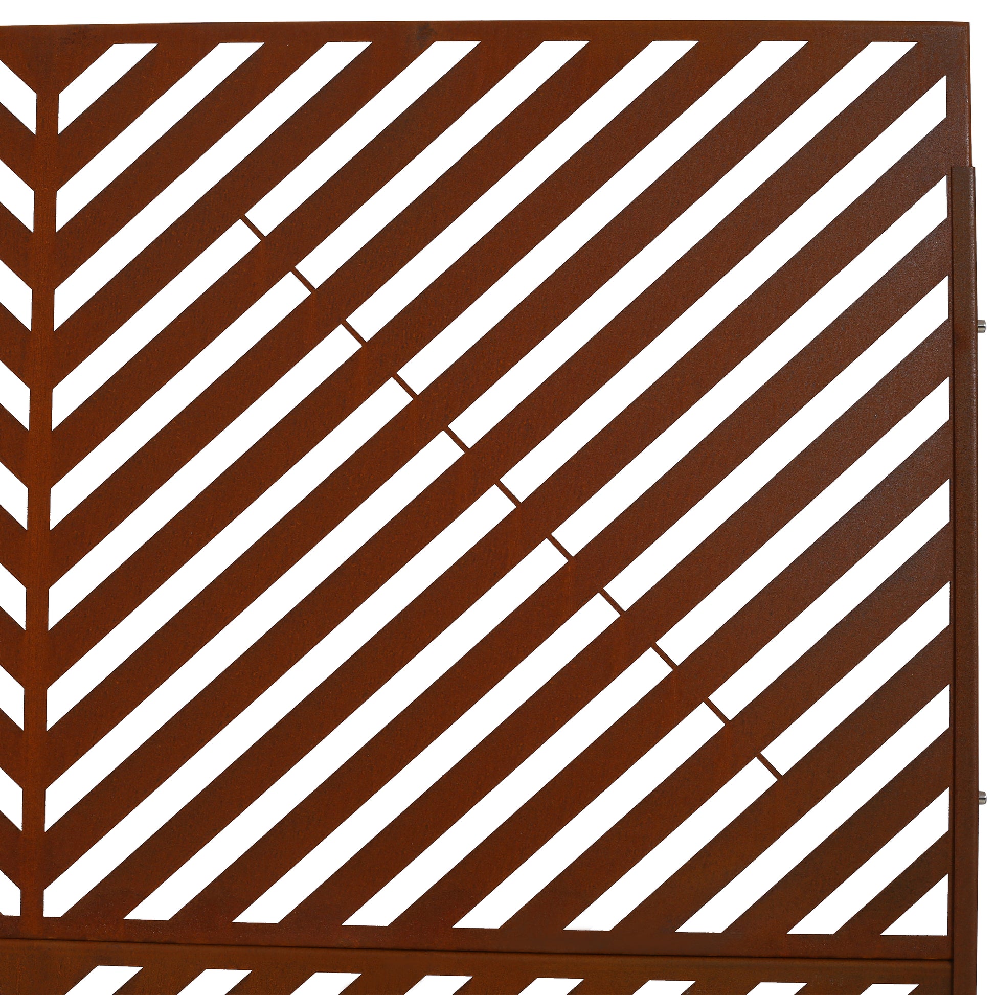 Rusty metal garden screen with diagonal white stripes pattern