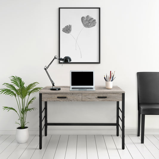 Rustic wood desk with black metal frame laptop and adjustable lamp for home office