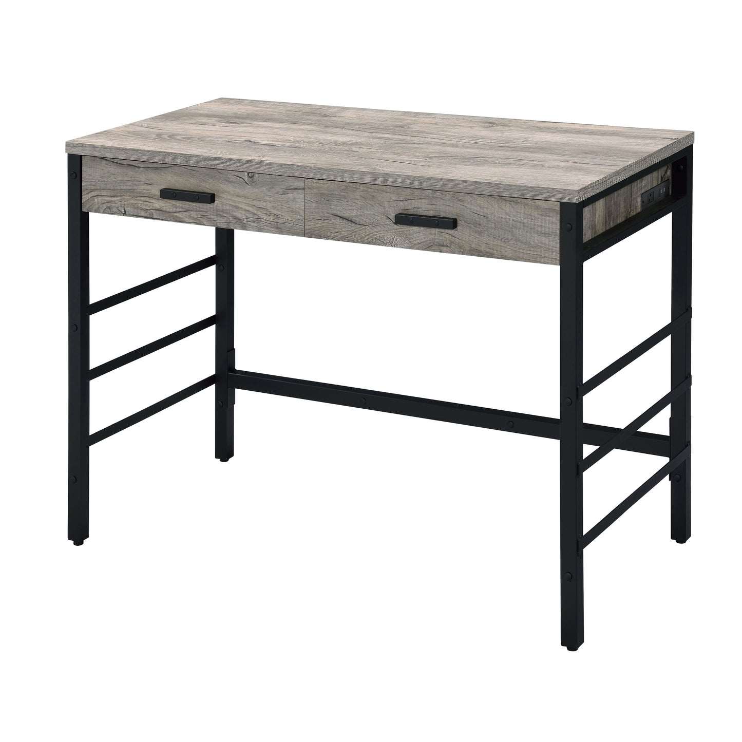 Rustic grey wood writing desk with two drawers and black metal frame