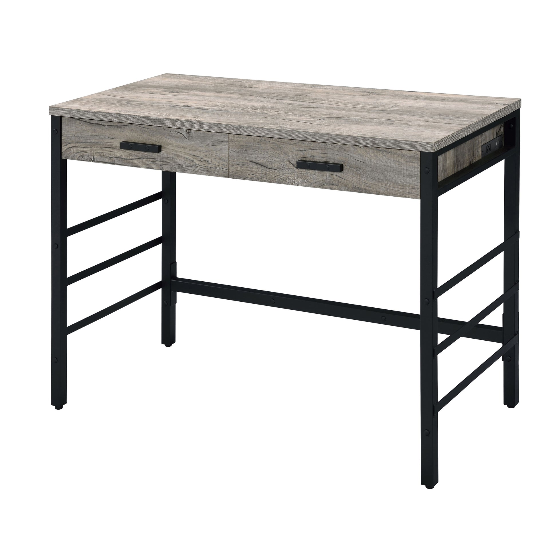 Rustic grey wood writing desk with two drawers and black metal frame
