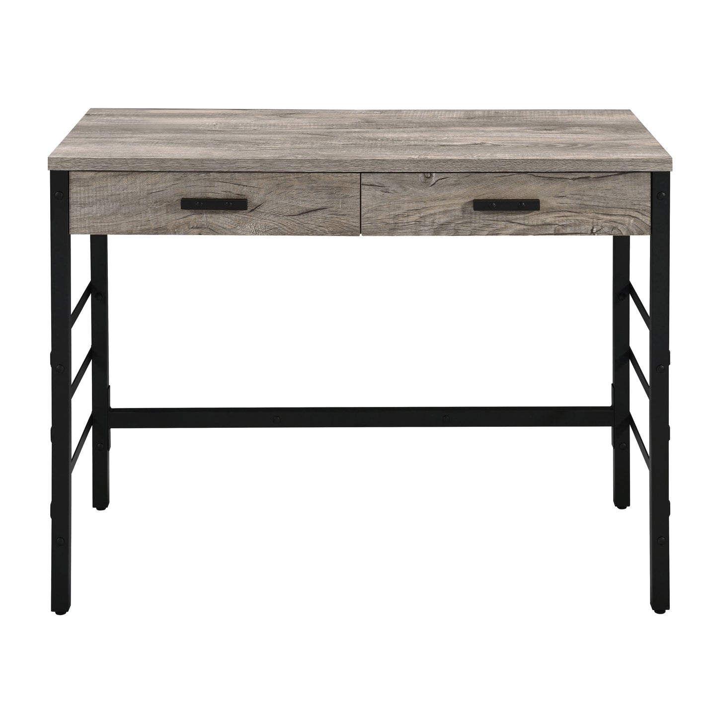 Rustic grey wood grain writing desk with black metal legs and two drawers