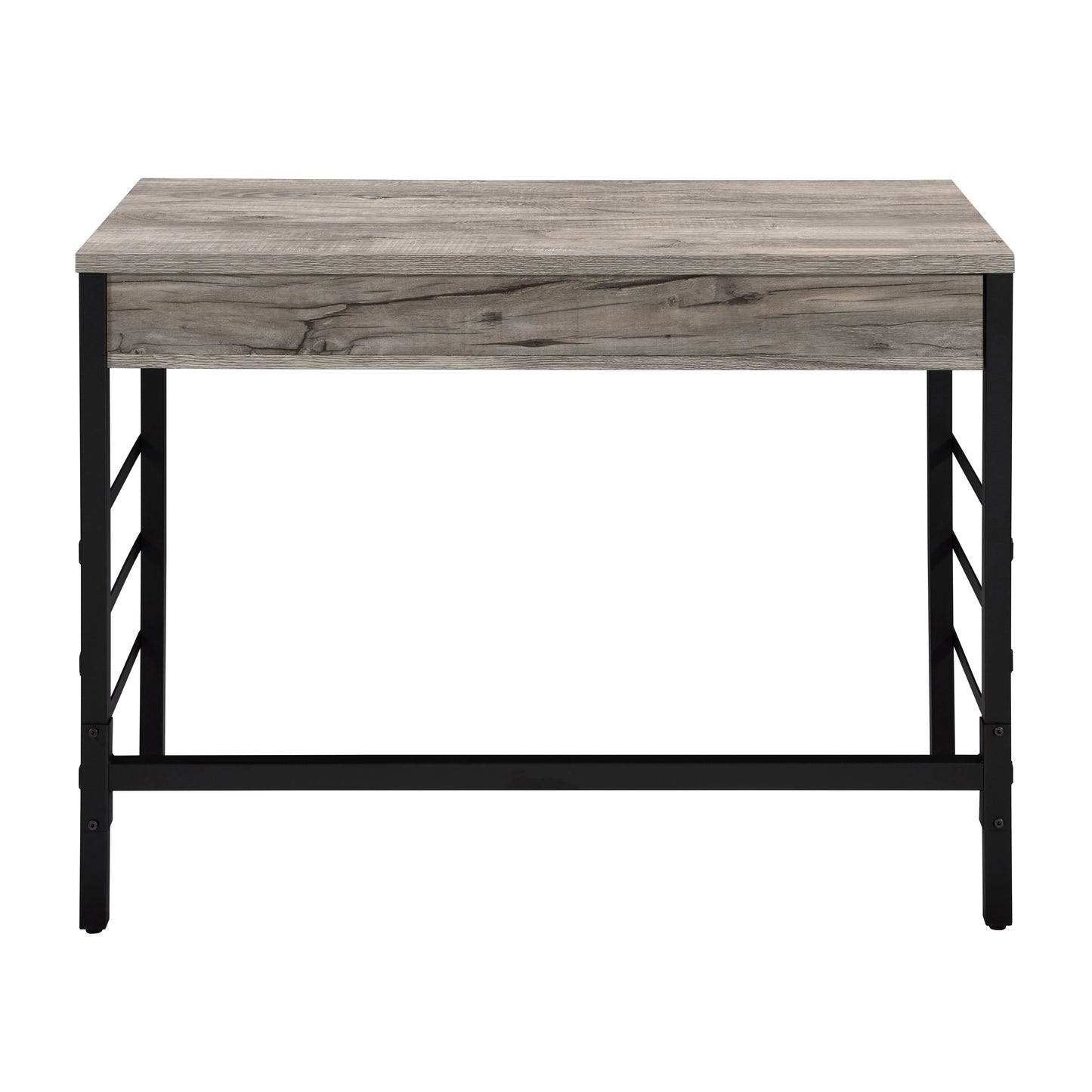 Rustic grey wood desk with black metal frame perfect for home office use