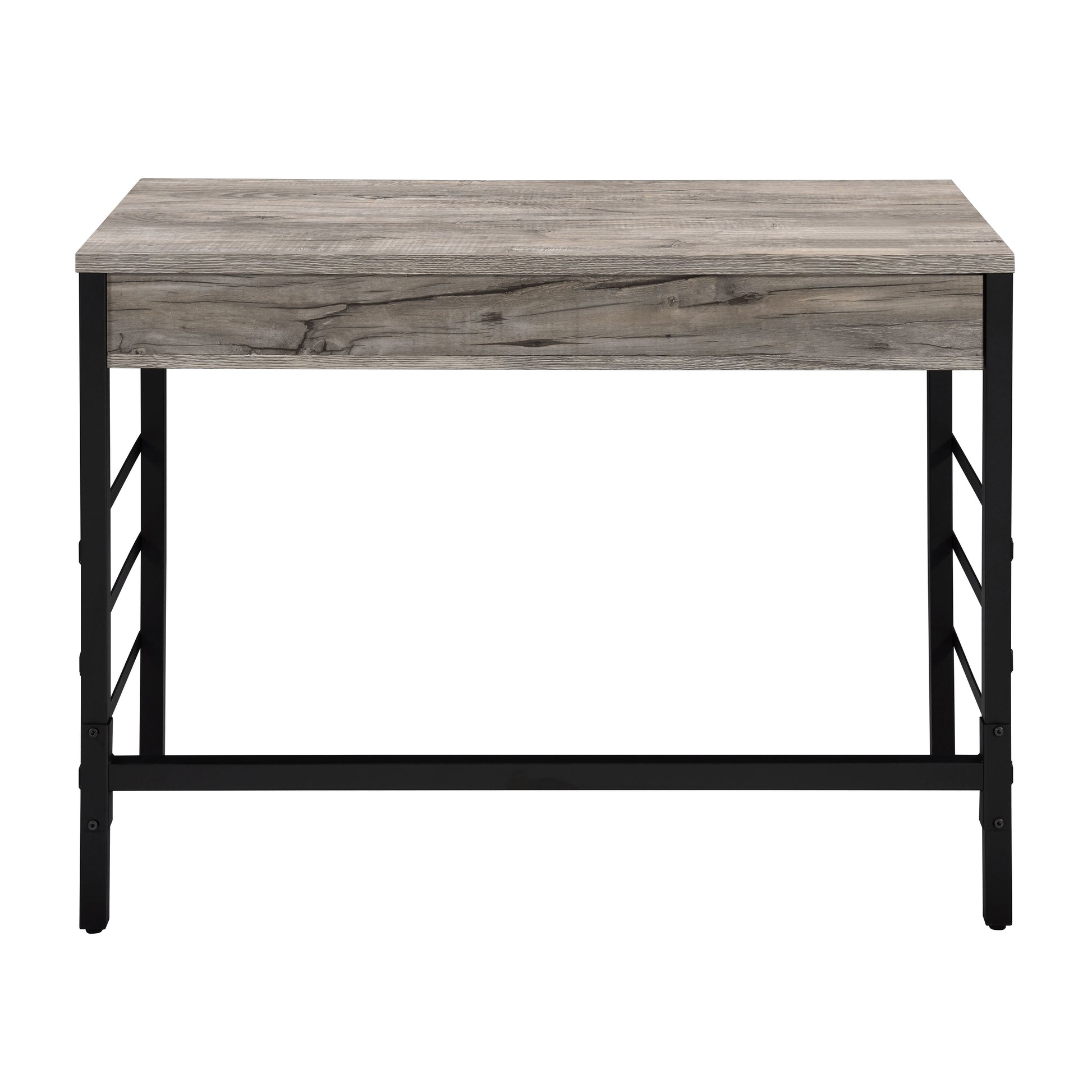 Rustic grey wood desk with black metal frame perfect for home office use