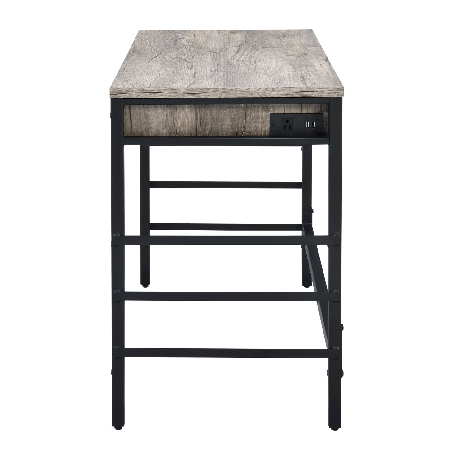 Industrial desk with weathered wood finish and builtin power outlet and USB ports