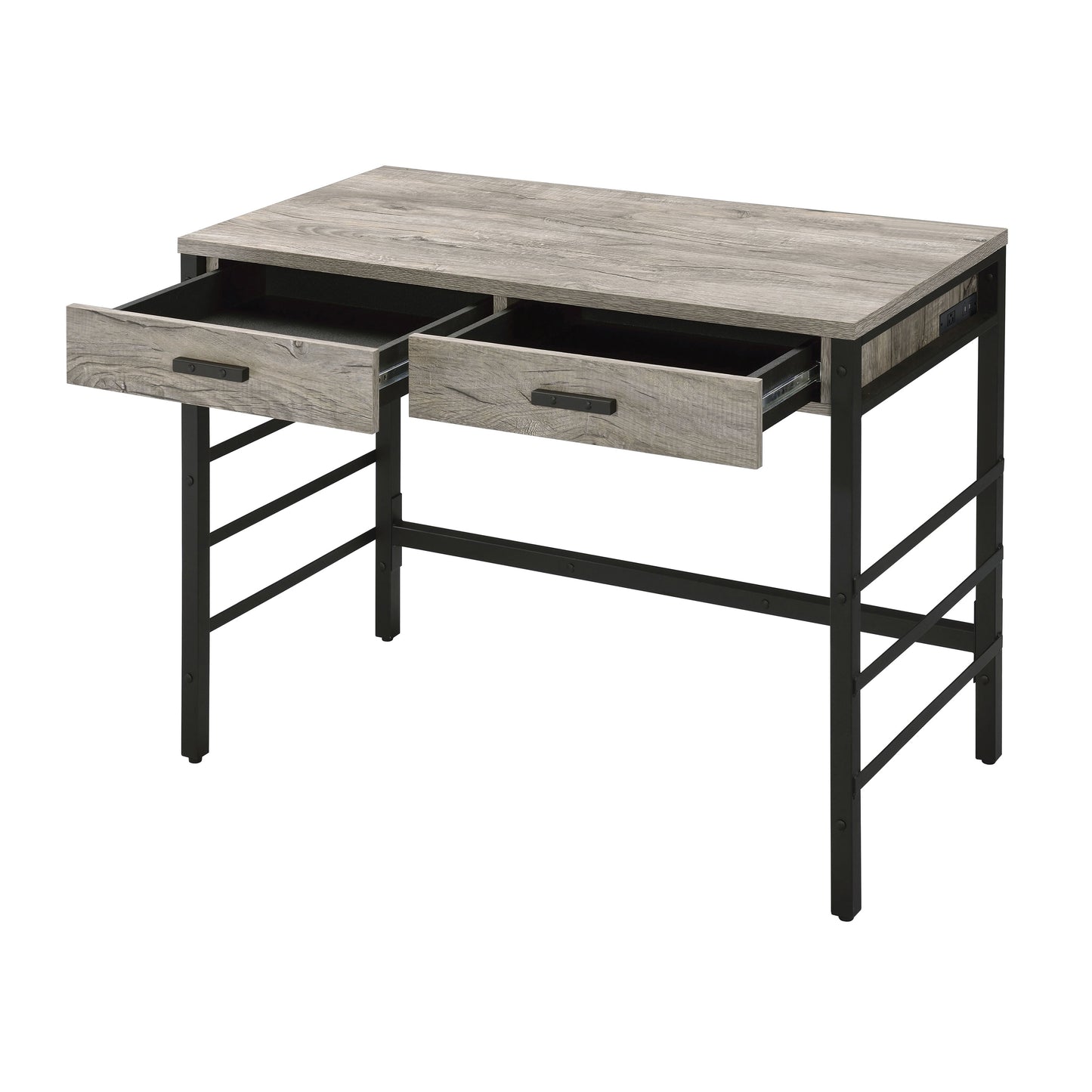 Rustic grey wood desk with two open drawers and black metal frame