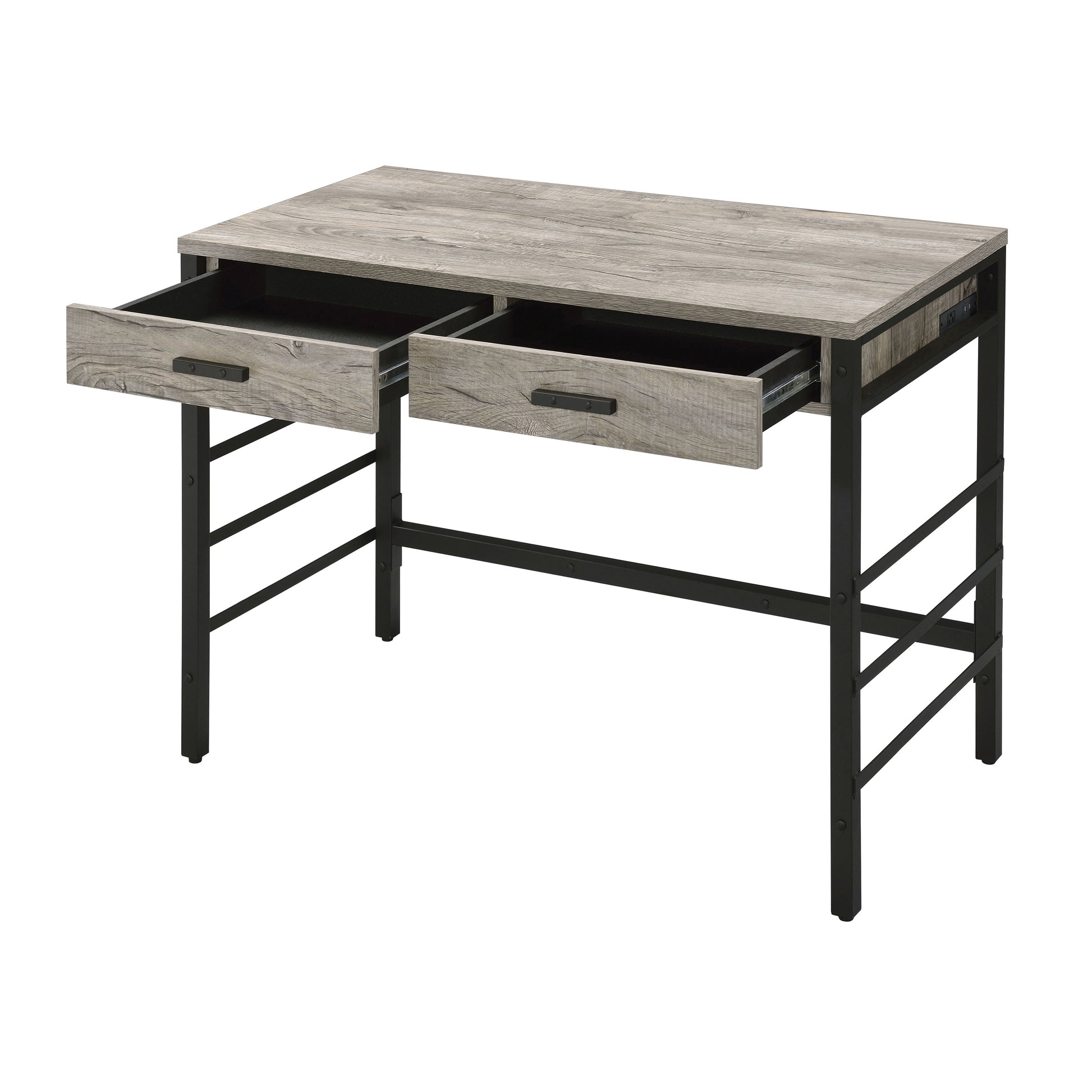 Rustic grey wood desk with two open drawers and black metal frame