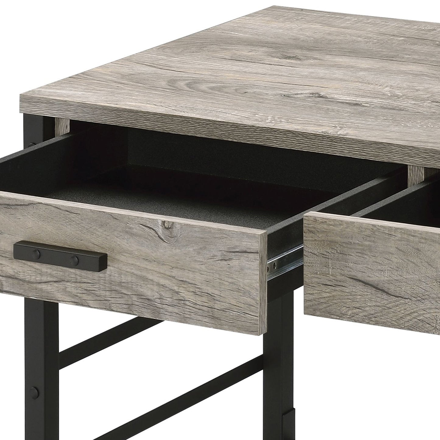Rustic wood grain desk with open drawers and black metal frame