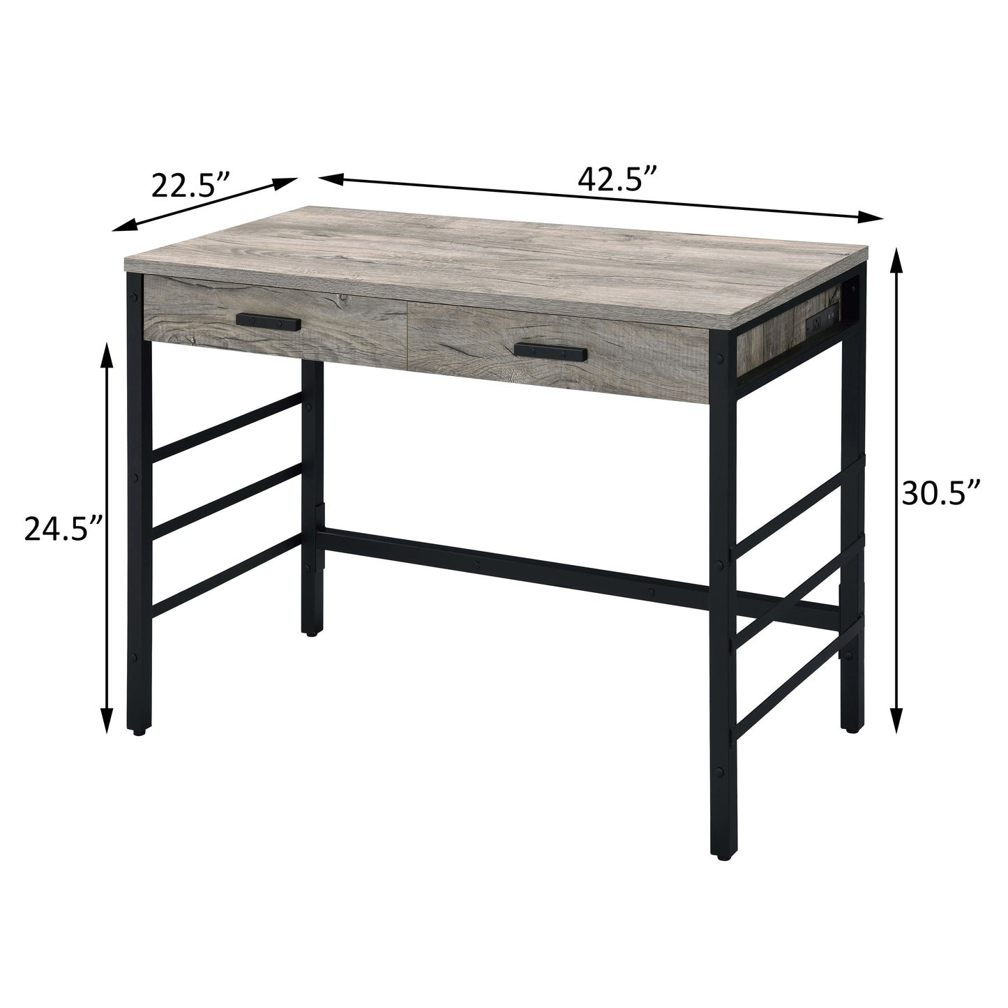 Distressed wood writing desk with two drawers and black metal legs  W