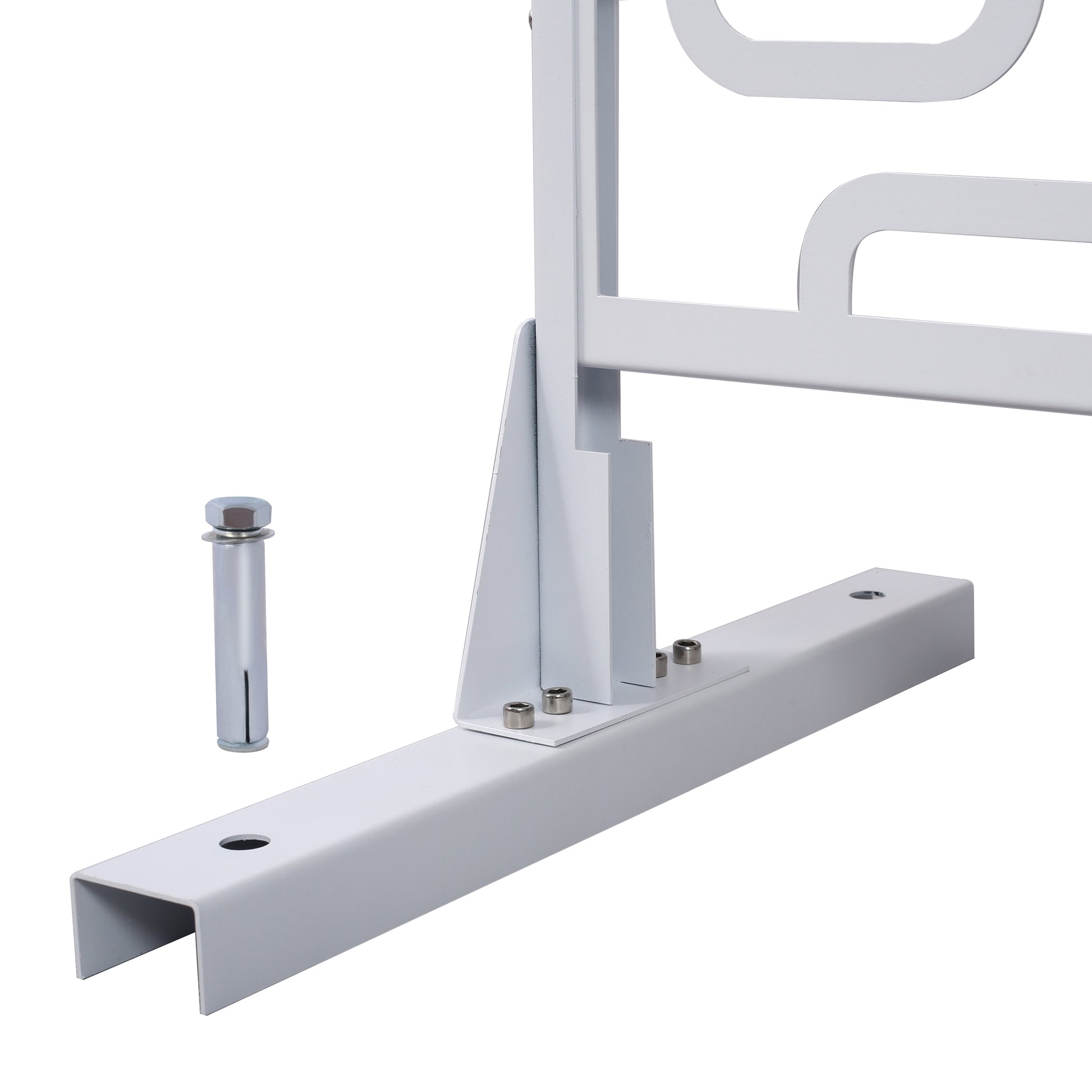 White metal gate hinge with mounting screws and anchor bolt
