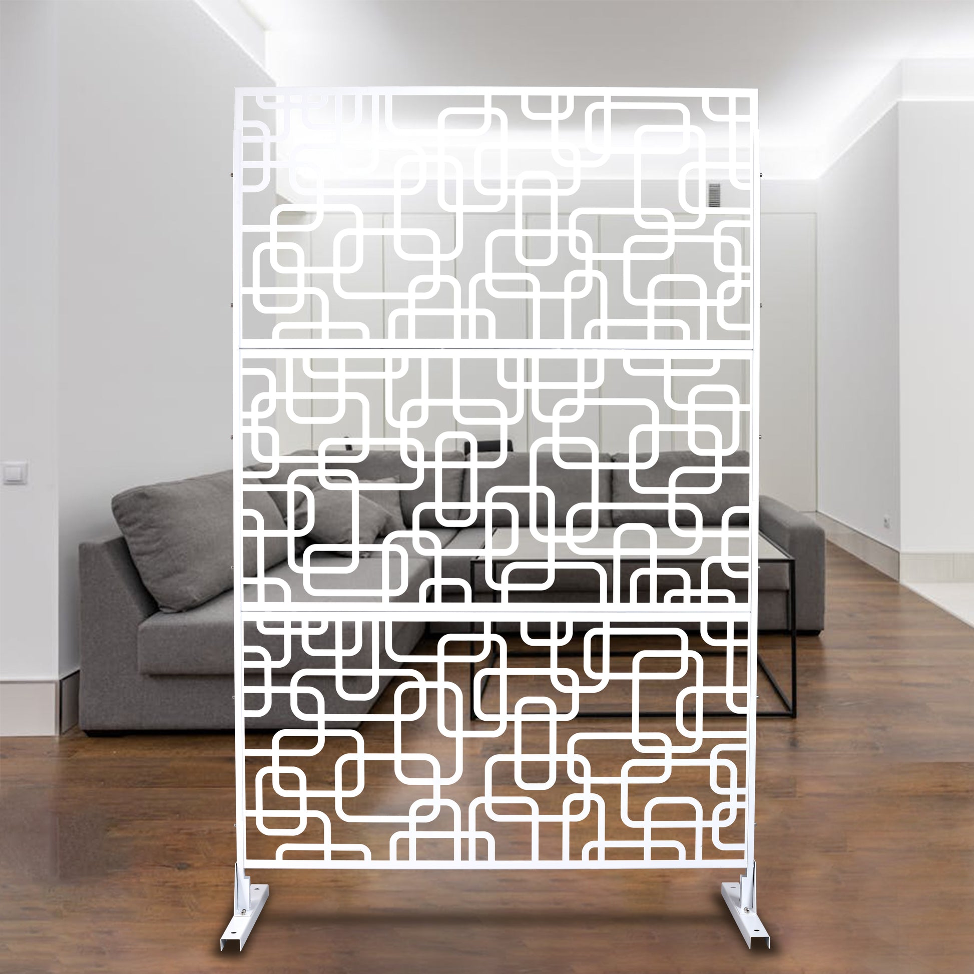 Modern white room divider screen with an abstract geometric pattern  panels