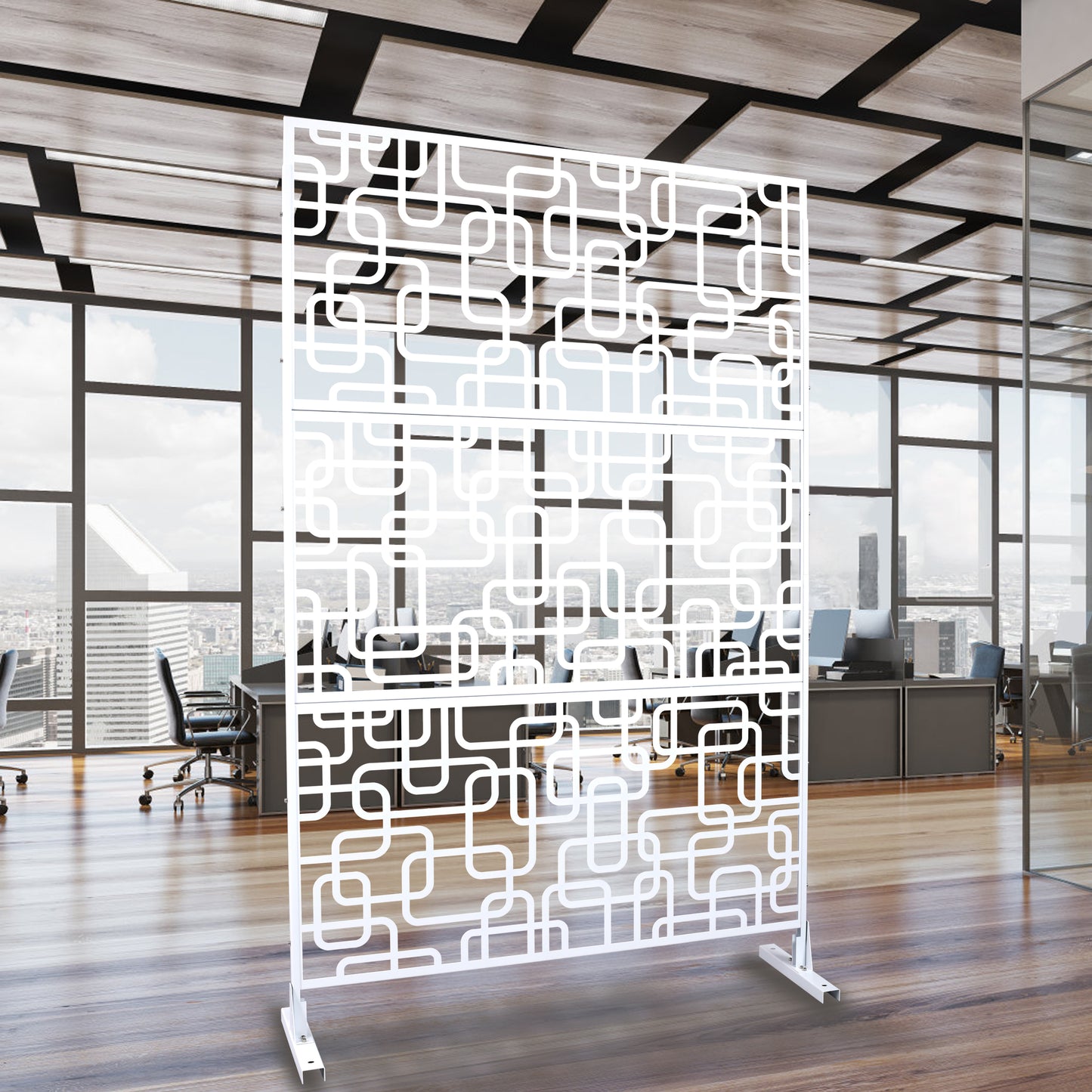 White modern room divider with geometric pattern perfect for office spaces