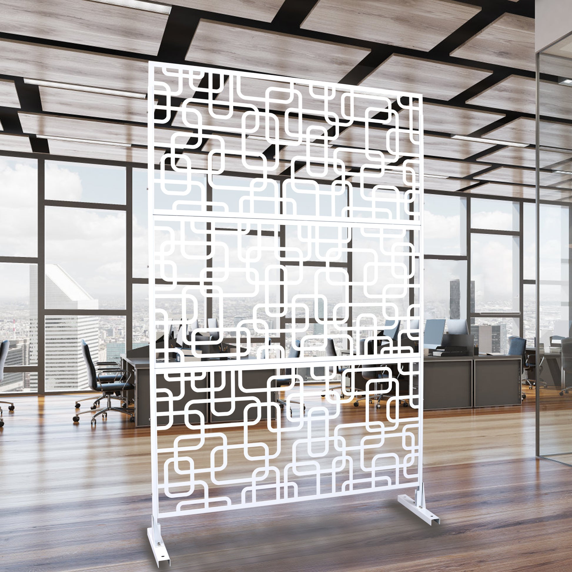 White modern room divider with geometric pattern perfect for office spaces
