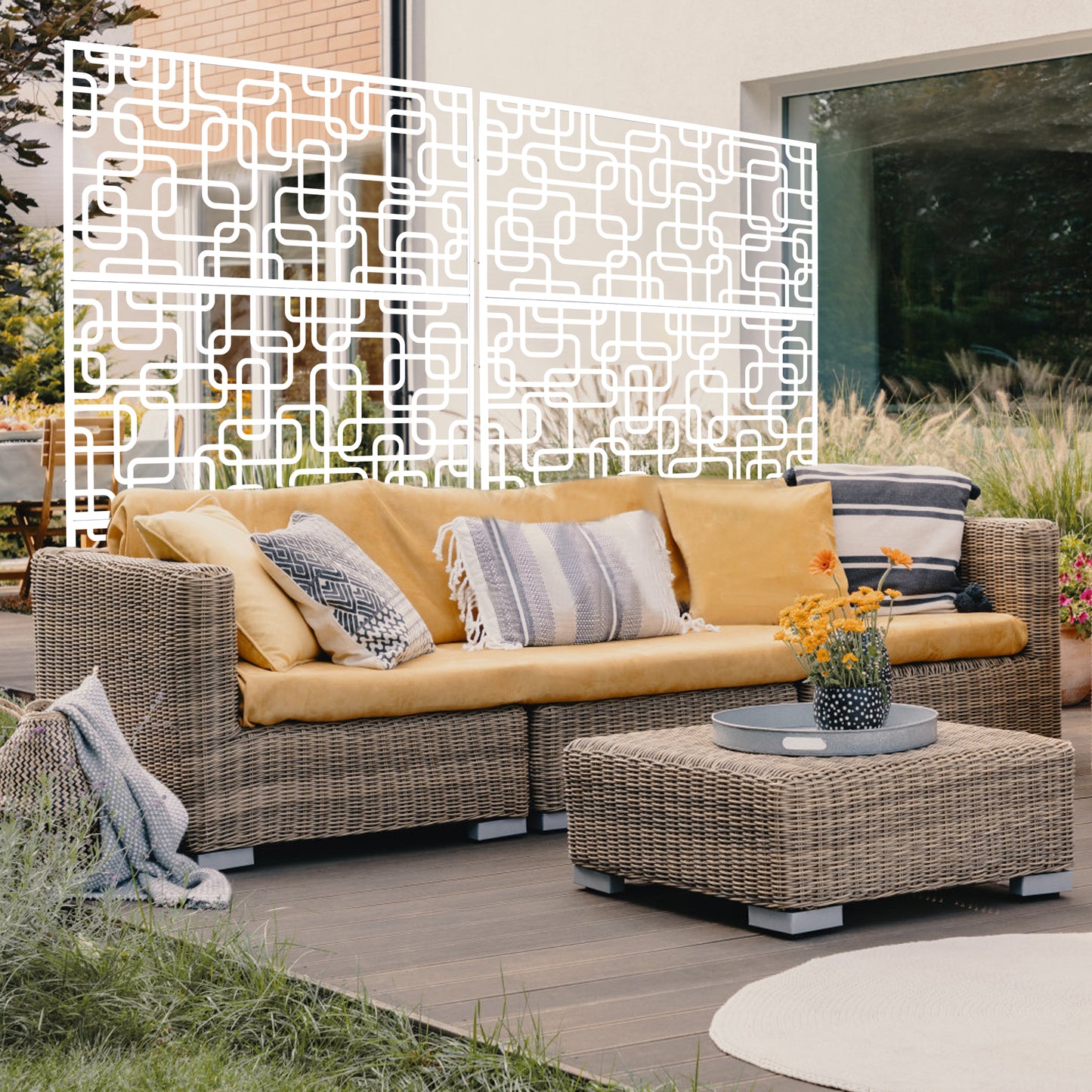 White geometric privacy screen for outdoor spaces with a modern design