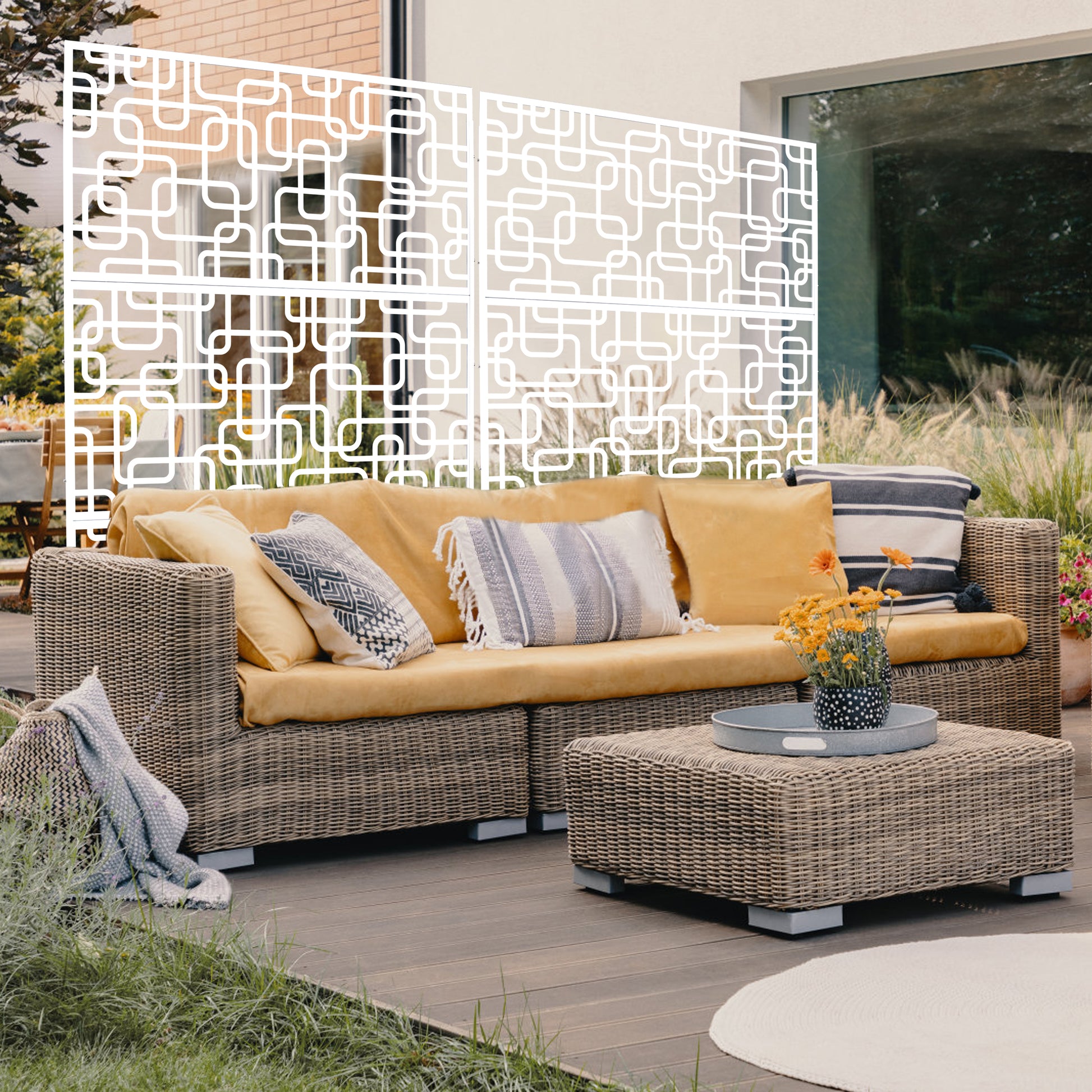 White geometric privacy screen for outdoor spaces with a modern design