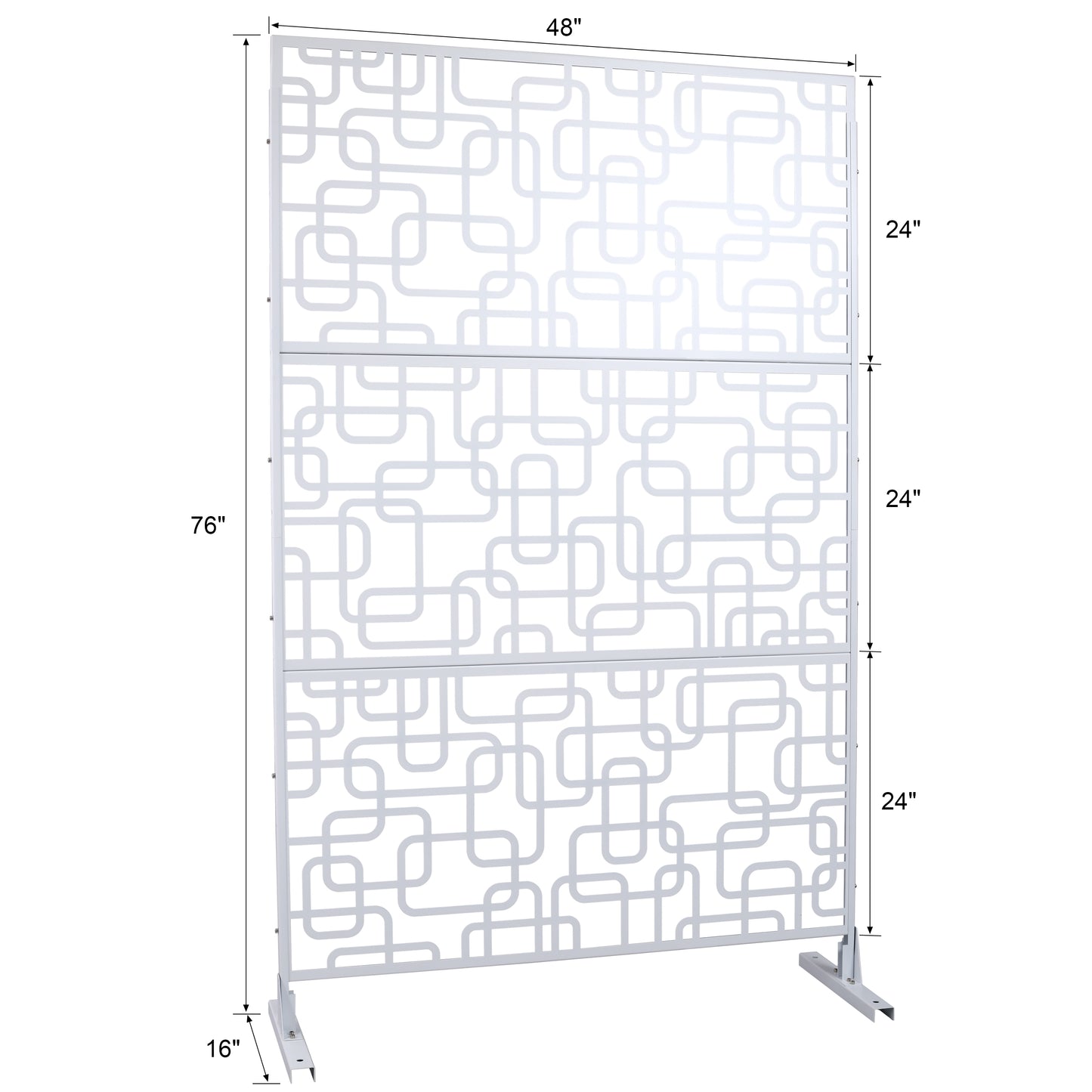White metal room divider with abstract geometric pattern and white stand