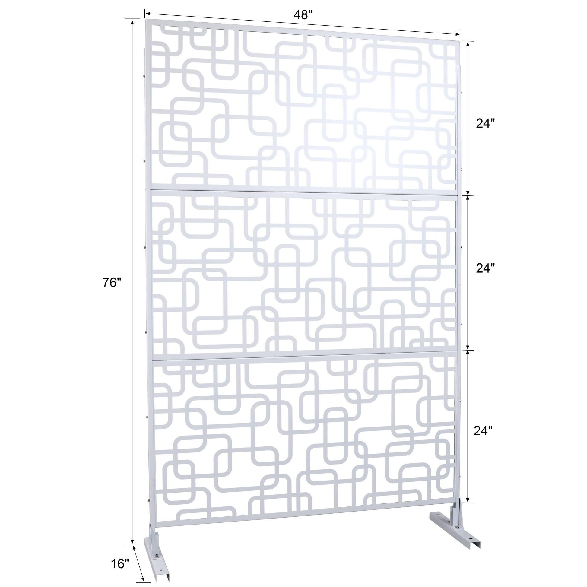 White metal room divider with abstract geometric pattern and white stand